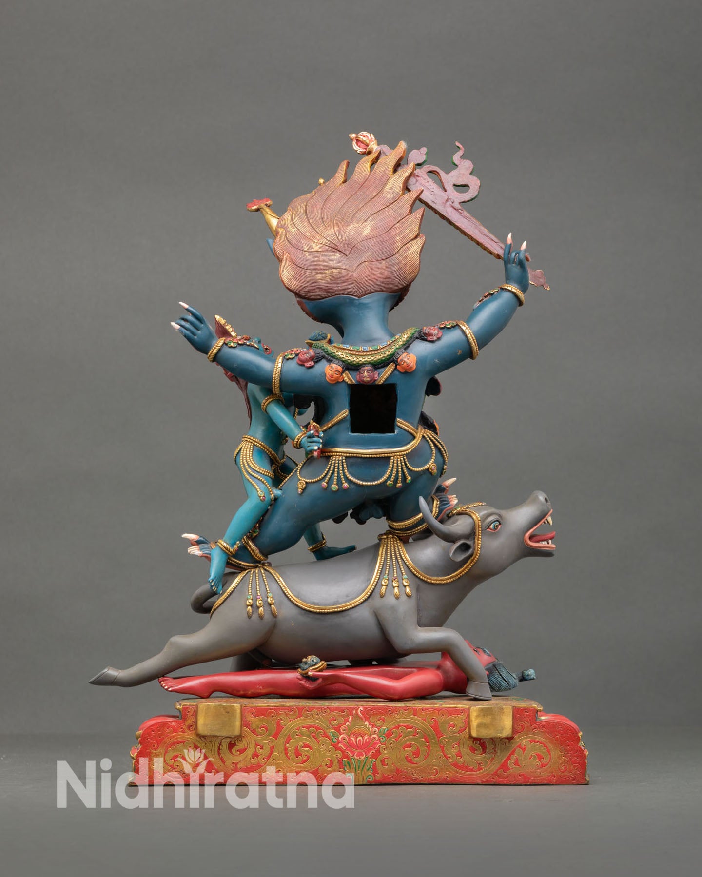 Back view of Tibetan Buddhist Yamantaka statue highlighting lost wax copper casting and traditional Nepalese sacred metal artwork