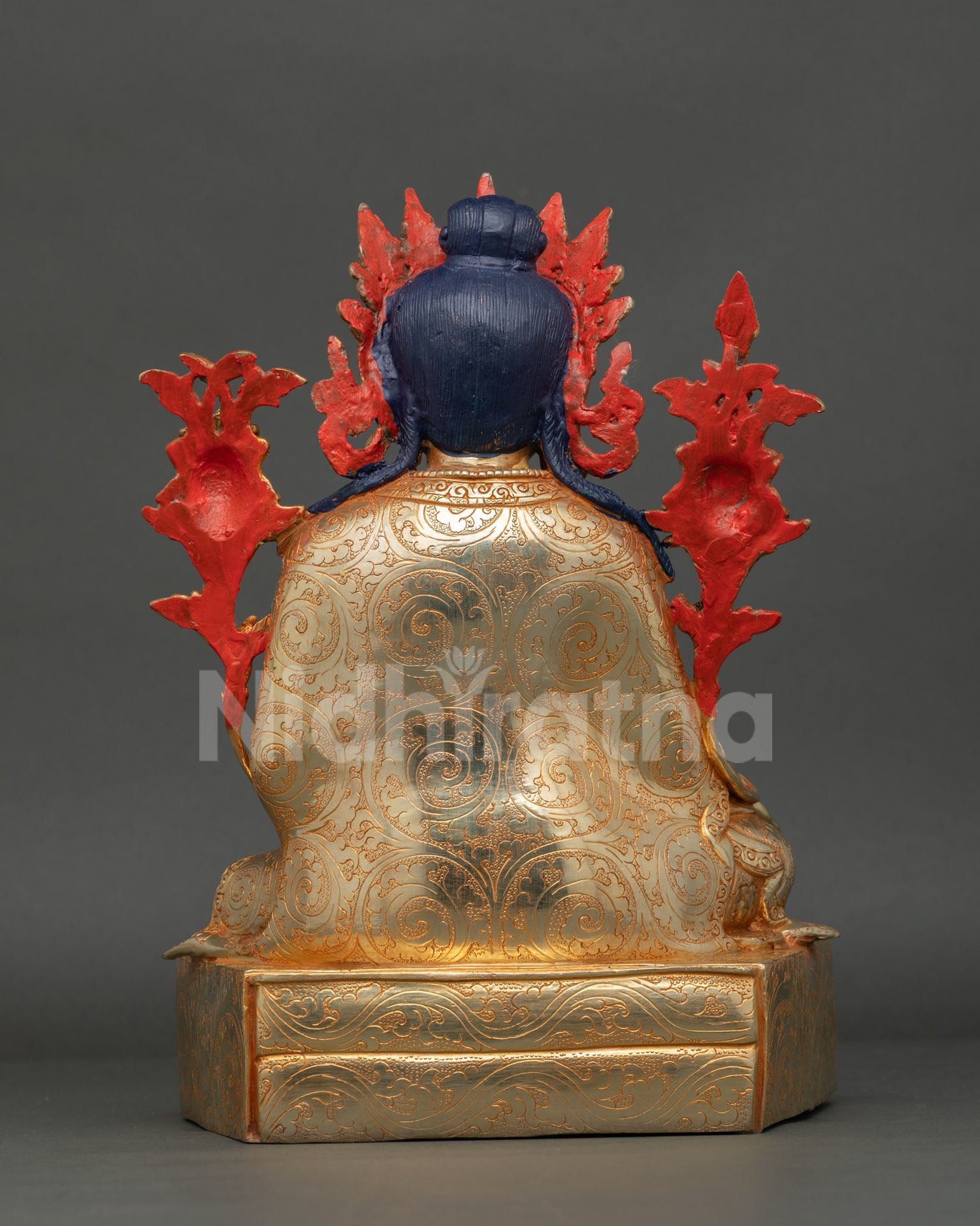 Back view of Trisong Detsen statue revealing fine copper craftsmanship Himalayan Buddhist art