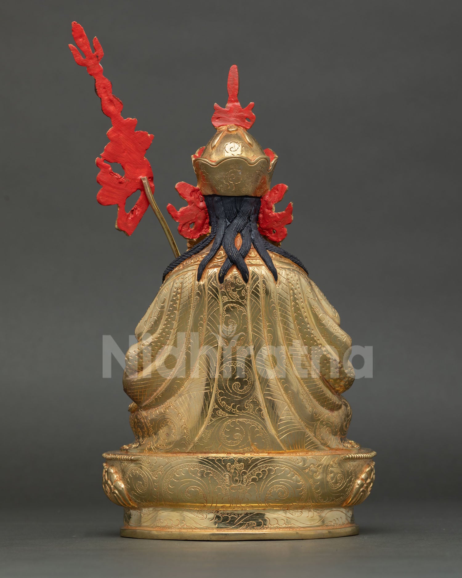 Back view of Tsokye Dorje statue, highlighting traditional newari artisan metalwork, lost wax casting and refined gold finishing details
