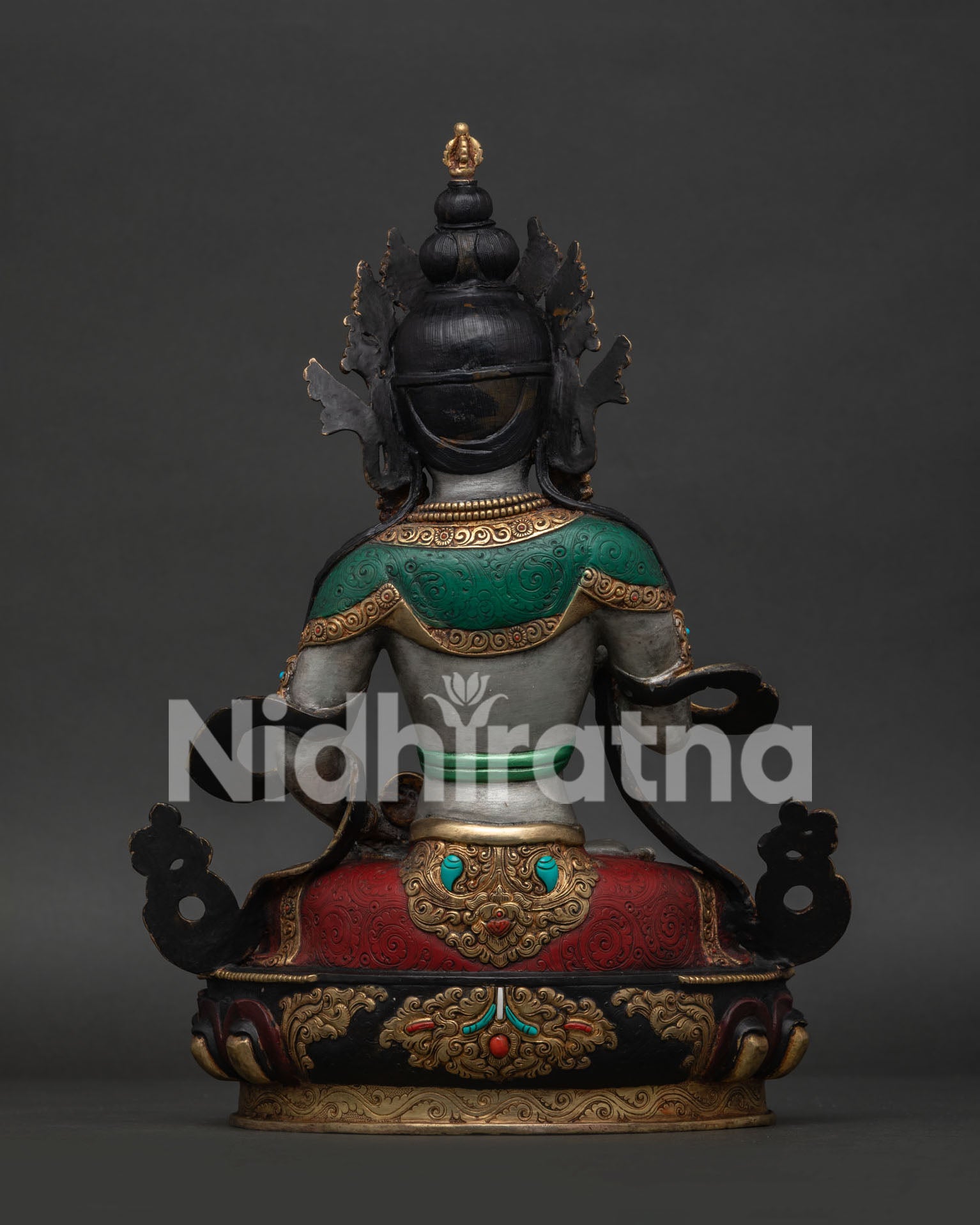 Back View of Vajrasattva Statue with Intricate Himalayan Buddhist Ornaments.