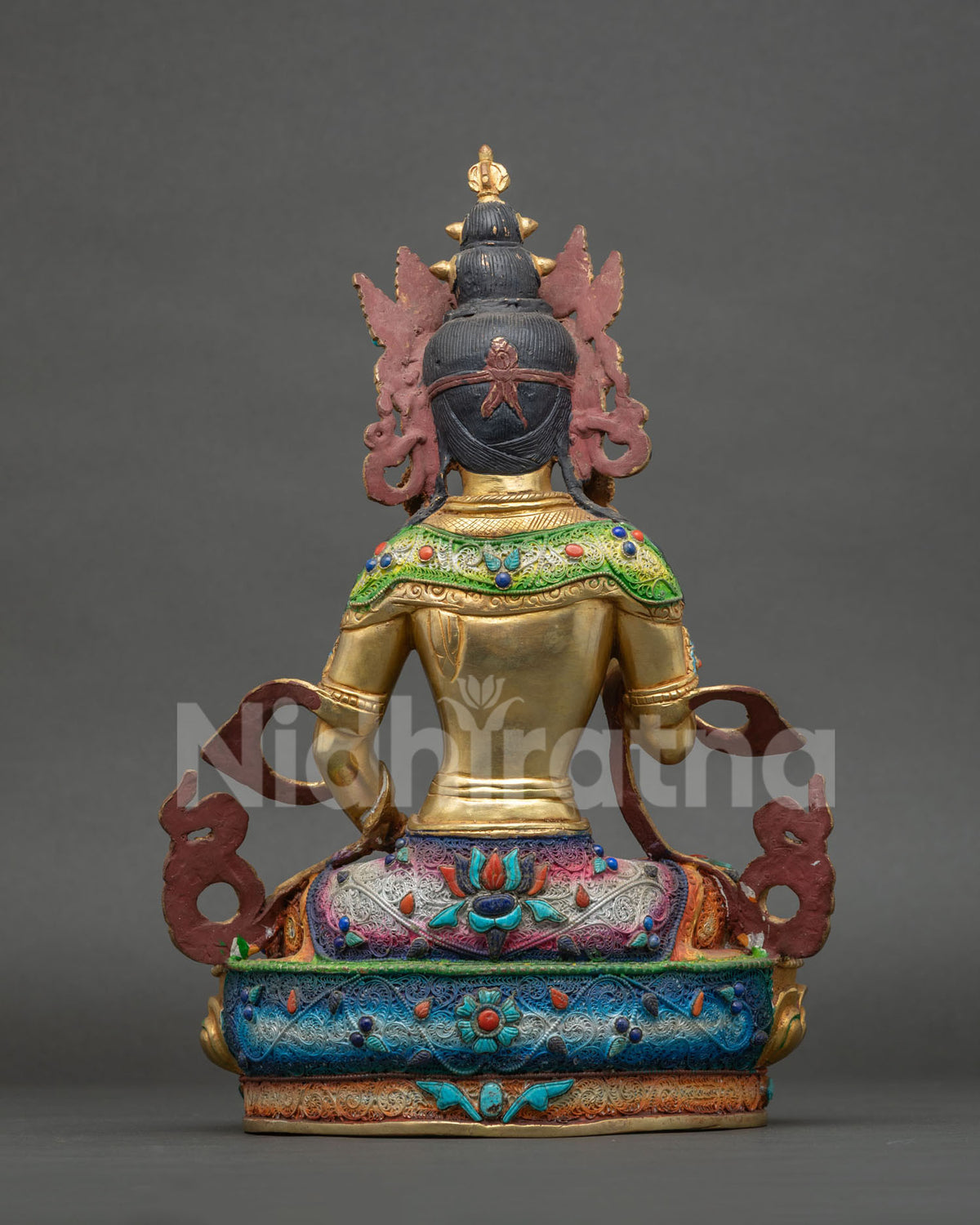 Back view of Vajrasattva statue with silver-plated filigree set with turquoise, lapis and coral