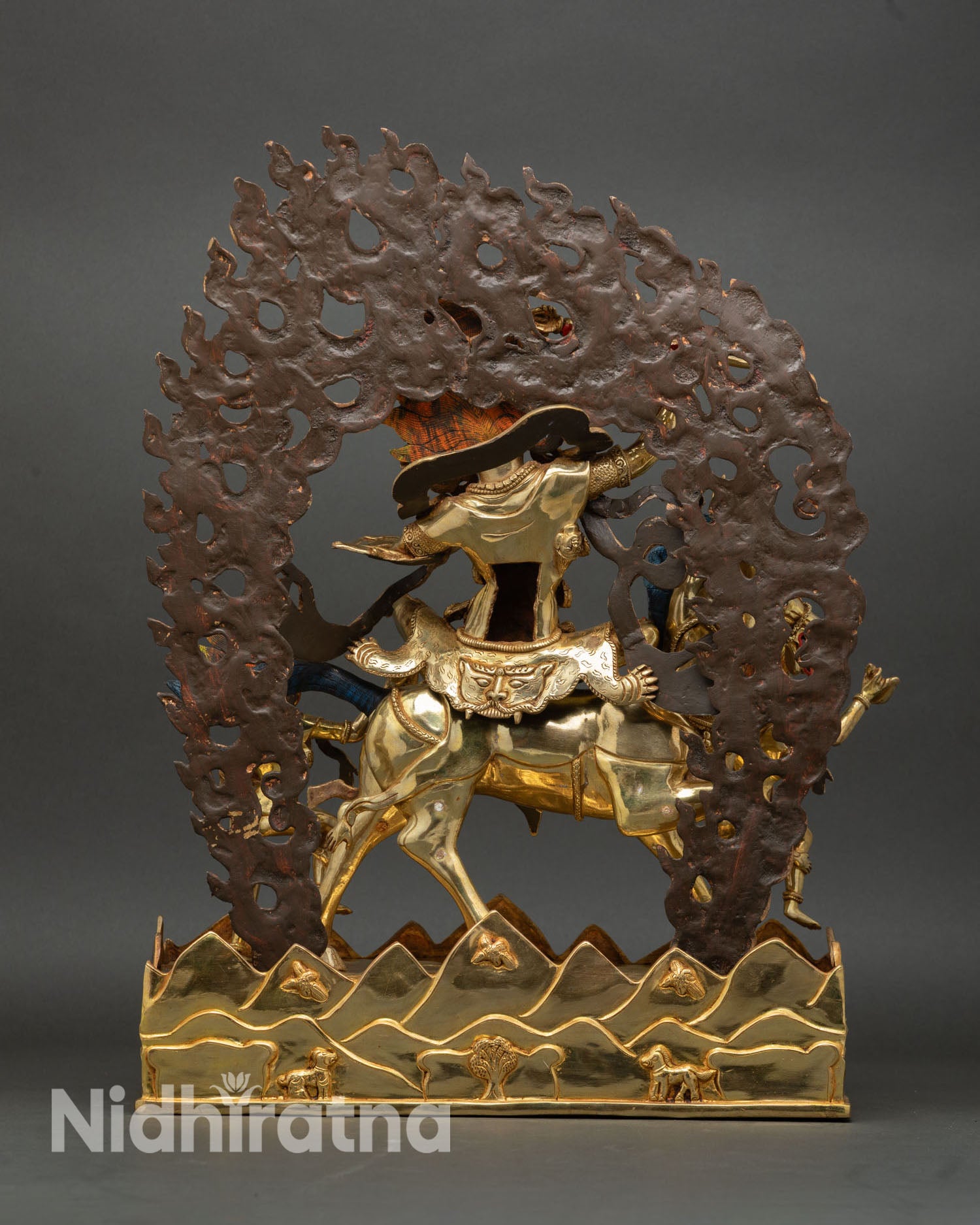 Back View Palden Lhamo Statue, Detailed Flame Halo Repoussé Craftsmanship Nepal