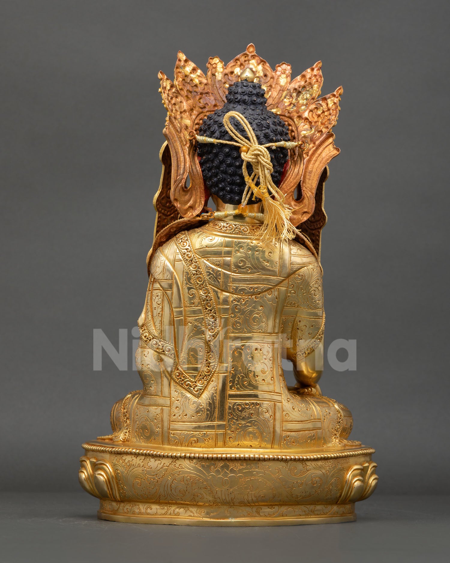 Back view of sacred Jowo Rinpoche Buddha statue for Buddhist altar meditation space and spiritual home decor, inspired by Lhasa sacred art
