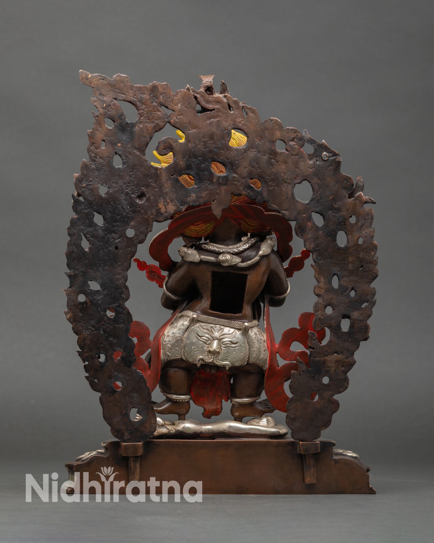 Back view of Sakya Mahakala statue featuring halo, miniature Garuda, and Nepalese sacred Buddhist art