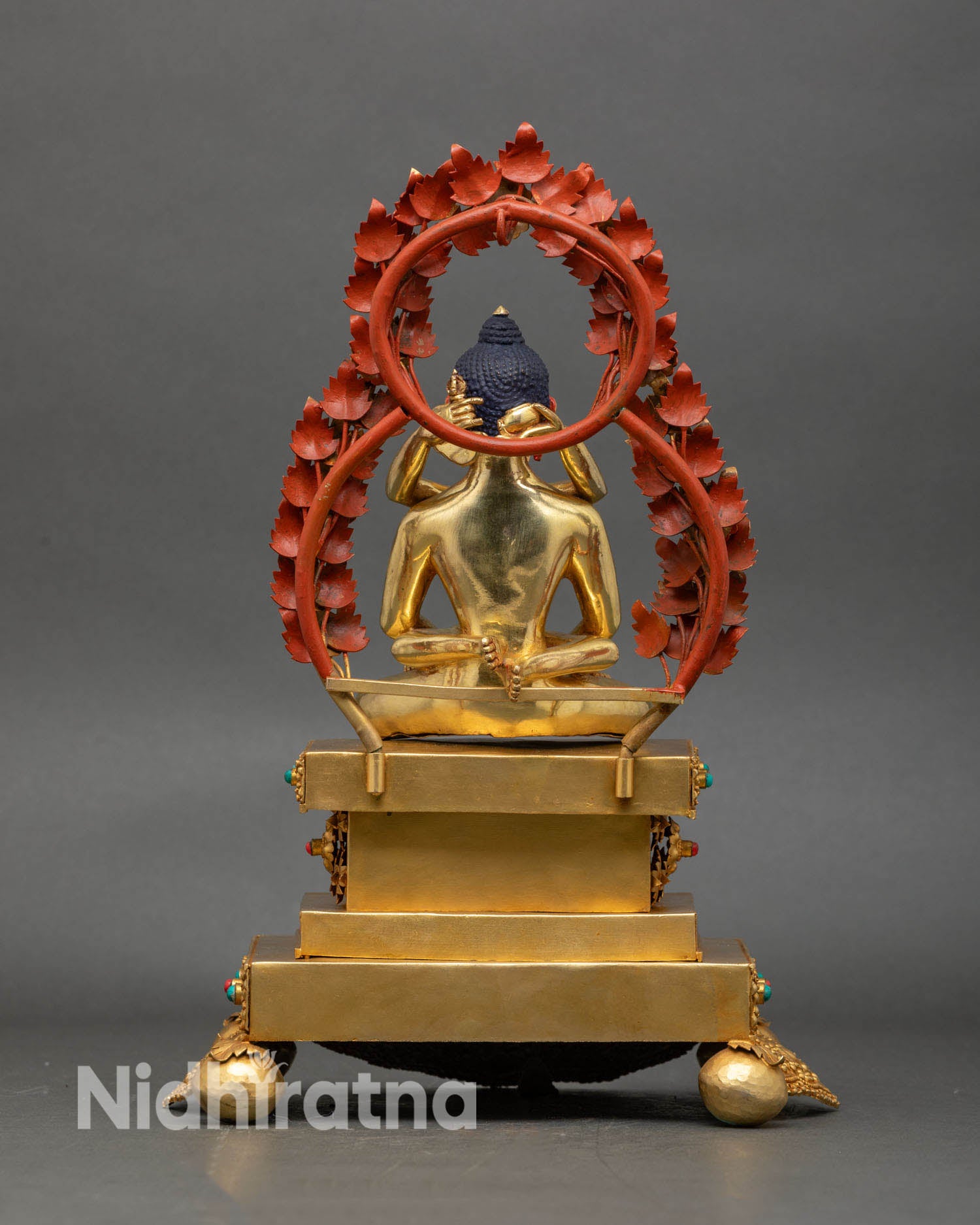 Back view of Samantabhadra with consort statue floral halo backdrop ornate throne design copper Buddhist altar art Himalayan sacred decor