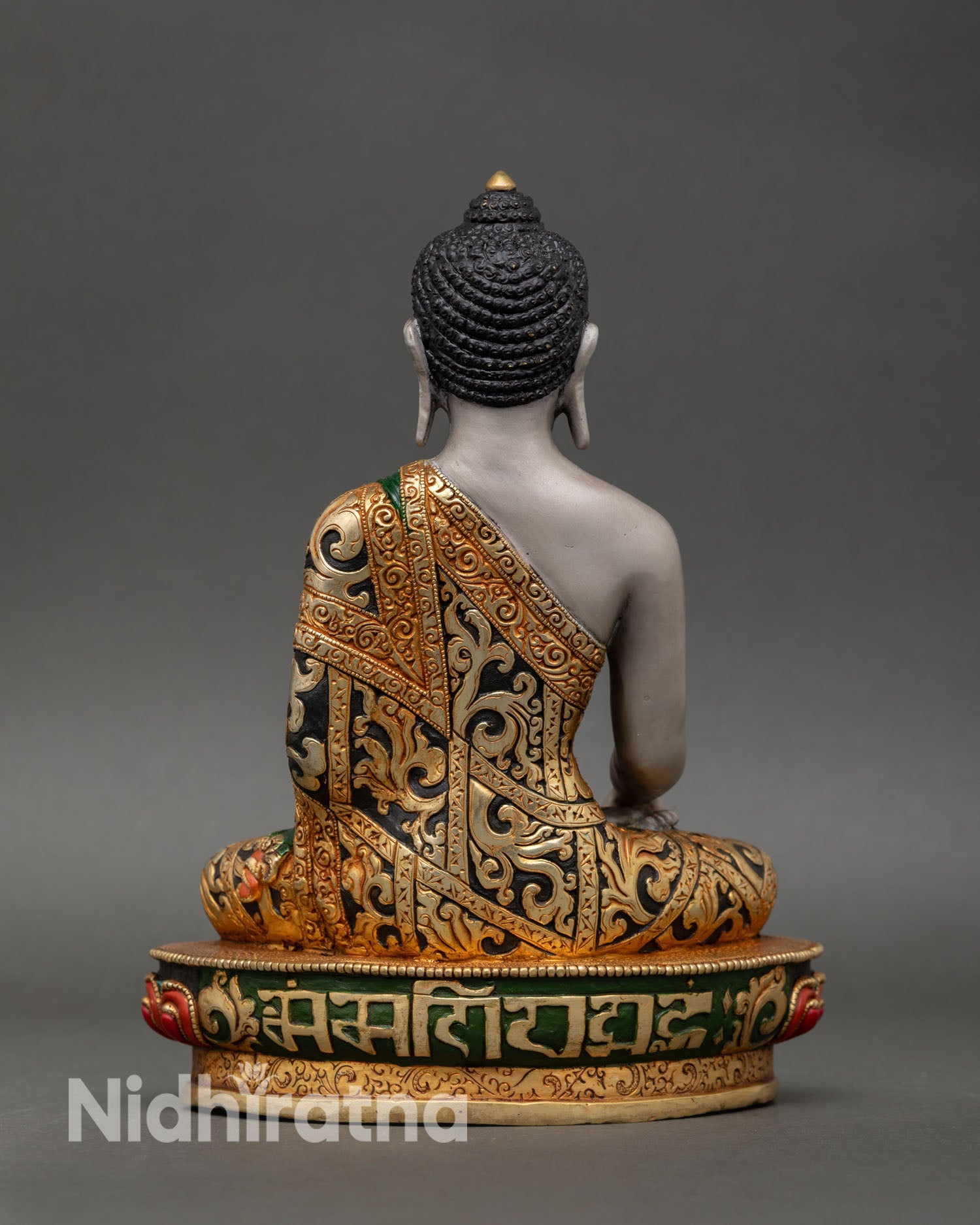 Back view of Shakyamuni Buddha sculpture Nepal handmade copper statue gold gilded finish meditation altar spiritual home decor piece