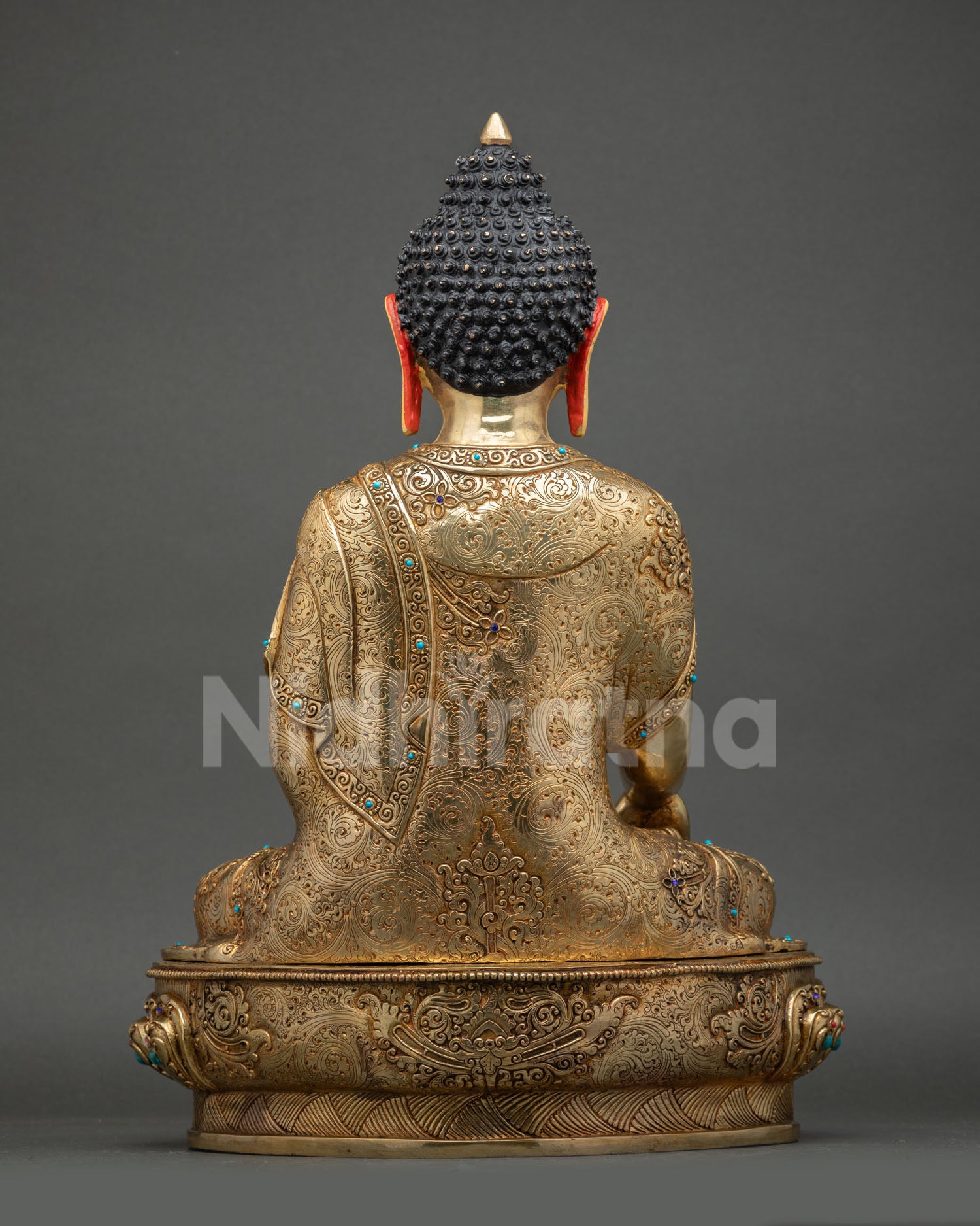 back view shakyamuni buddha statue detailed engraving copper buddhist altar art