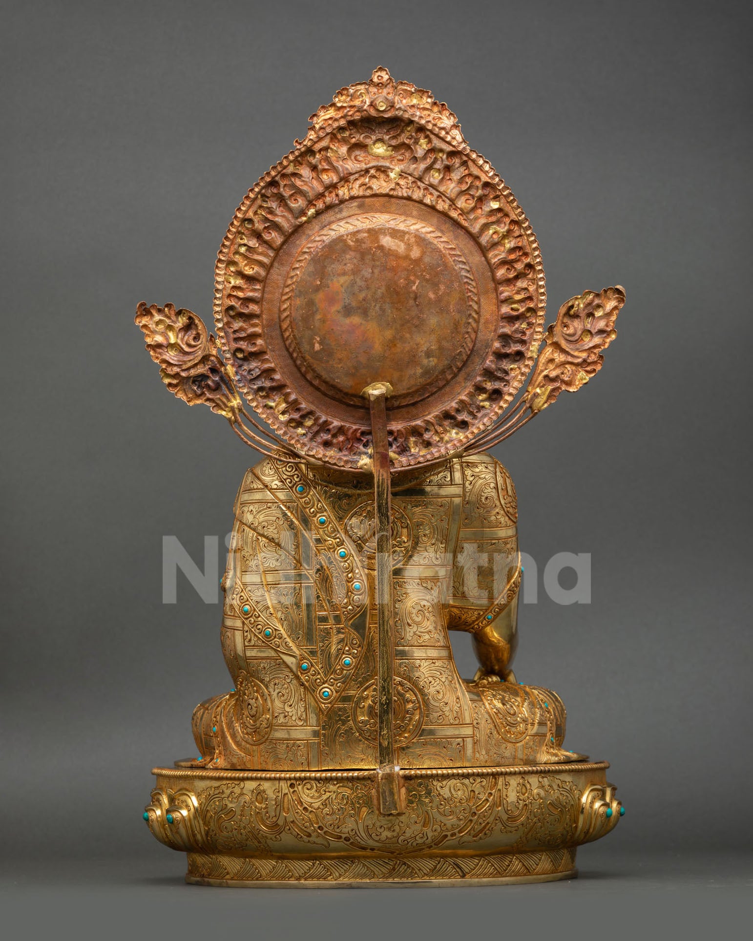 back view shakyamuni buddha statue, engraved halo aureole, lotus throne copper sculpture