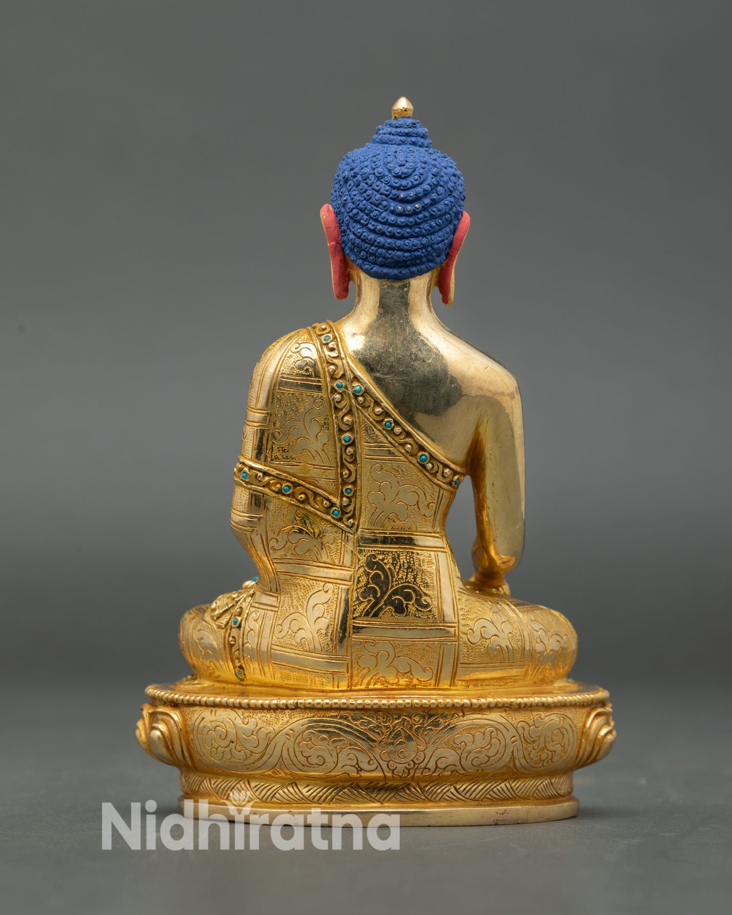 Back view Shakyamuni Buddha statue handcrafted nepalese artisan craft gold detailing sacred buddhist decor
