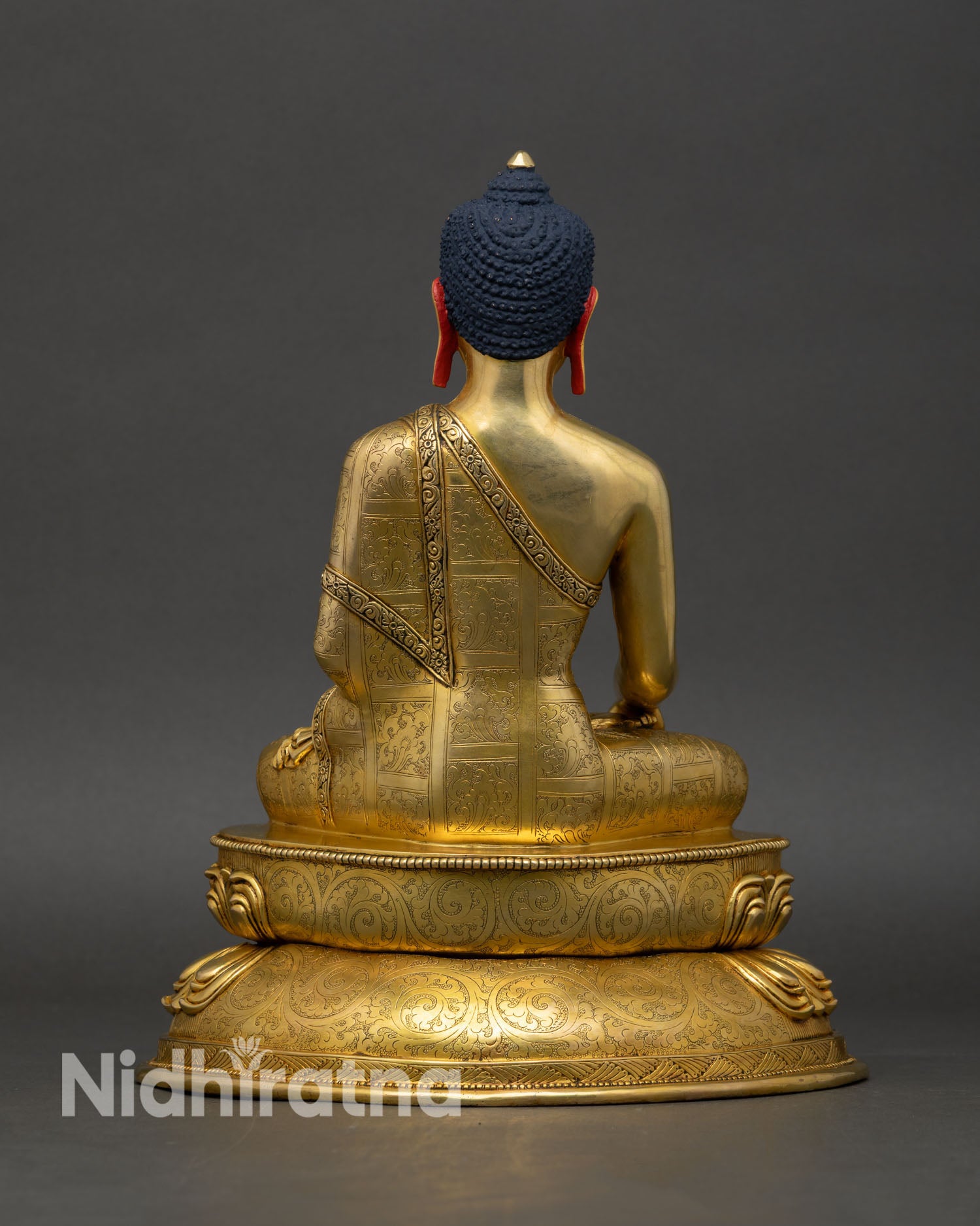 Back view Shakyamuni Buddha statue handmade Nepal engraved lotus pedestal intricate carving traditional lost wax casting artistry