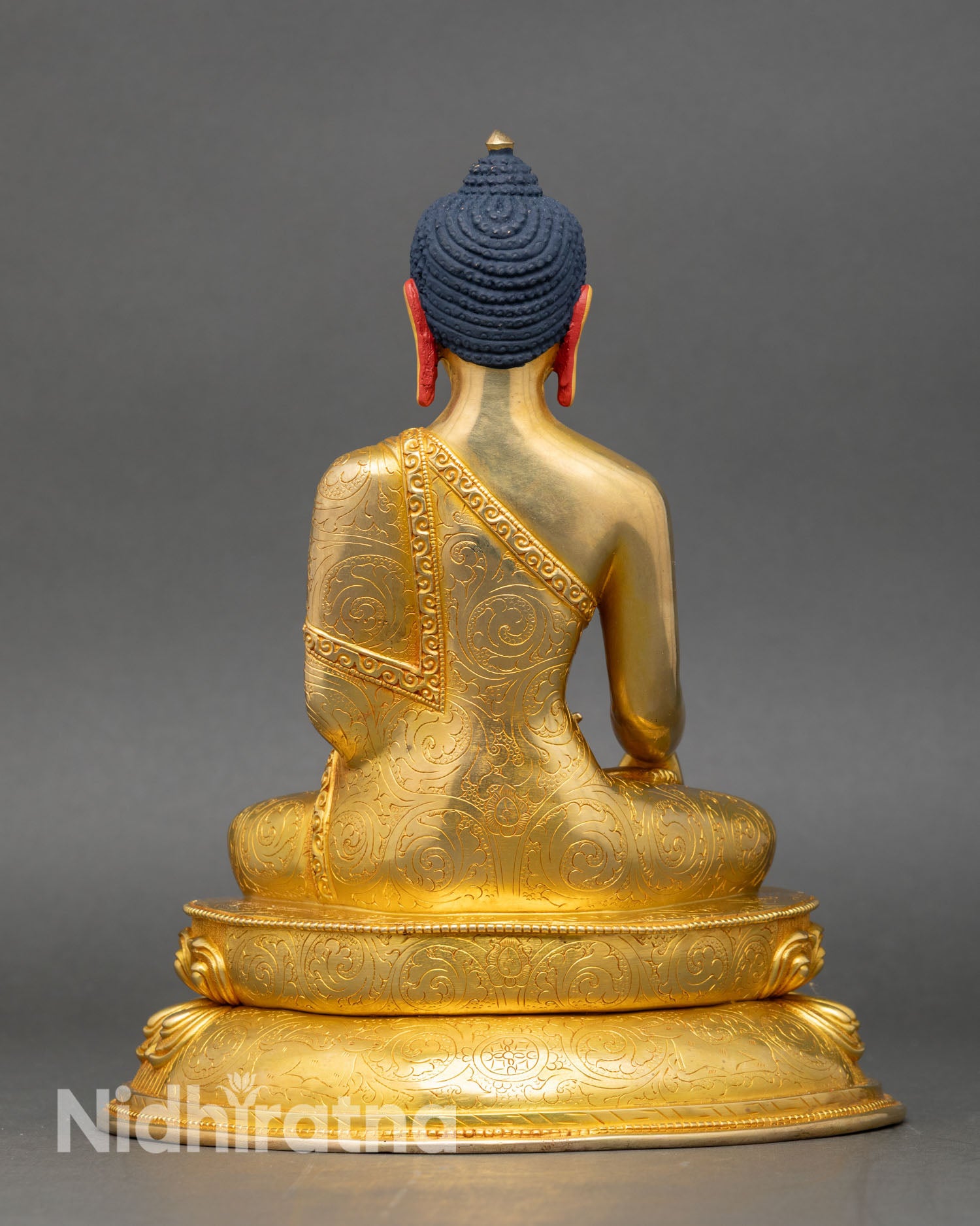 Back view Tathagata Shakyamuni Buddha intricate halo copper Buddhist decor