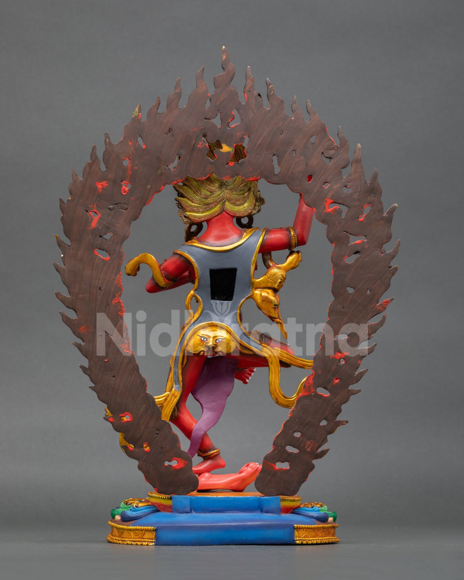 Back view Troma Nagmo statue, Nepal Buddhist copper sculpture, ornate detail