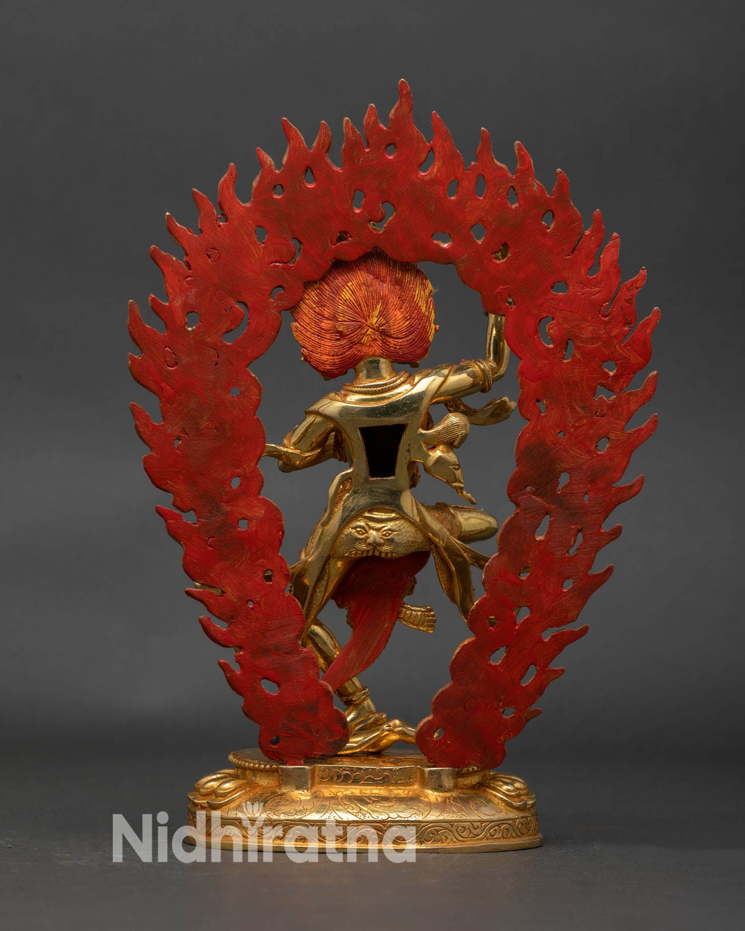 Back view of Troma Nangmo statue, lotus throne, detailed robes, Newari craftsmanship, sacred energy