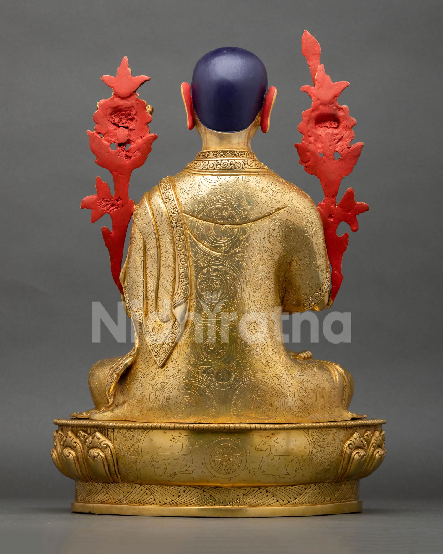 Back view of Tsongkhapa Statue Set Nepalese Buddhist Artwork 24K Gold Gilded Copper Detailed Motifs