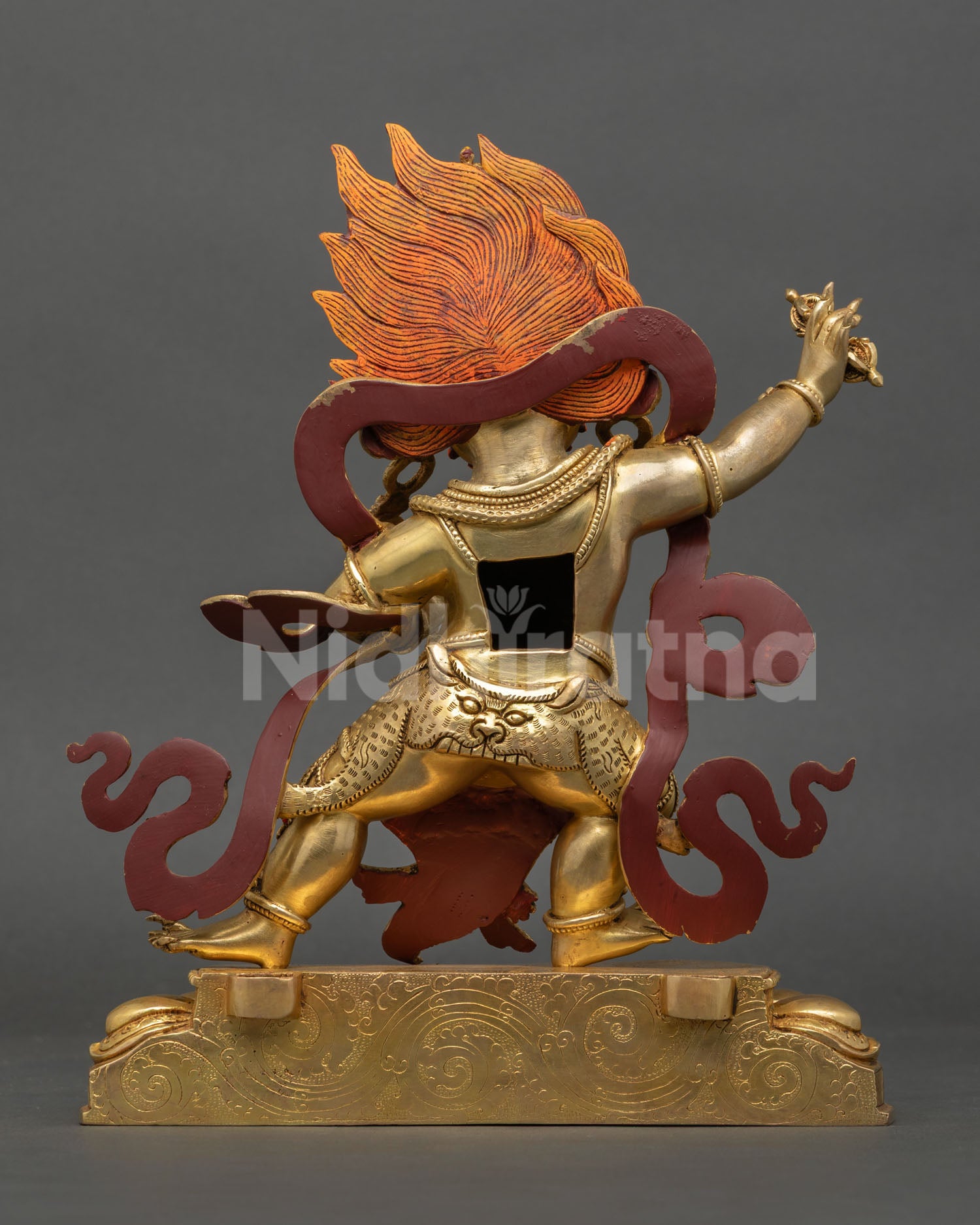 Back view of Vajrapani Statue copper sculpture 24k gold gilded Nepal handmade Buddhist ritual art detailed craftsmanship