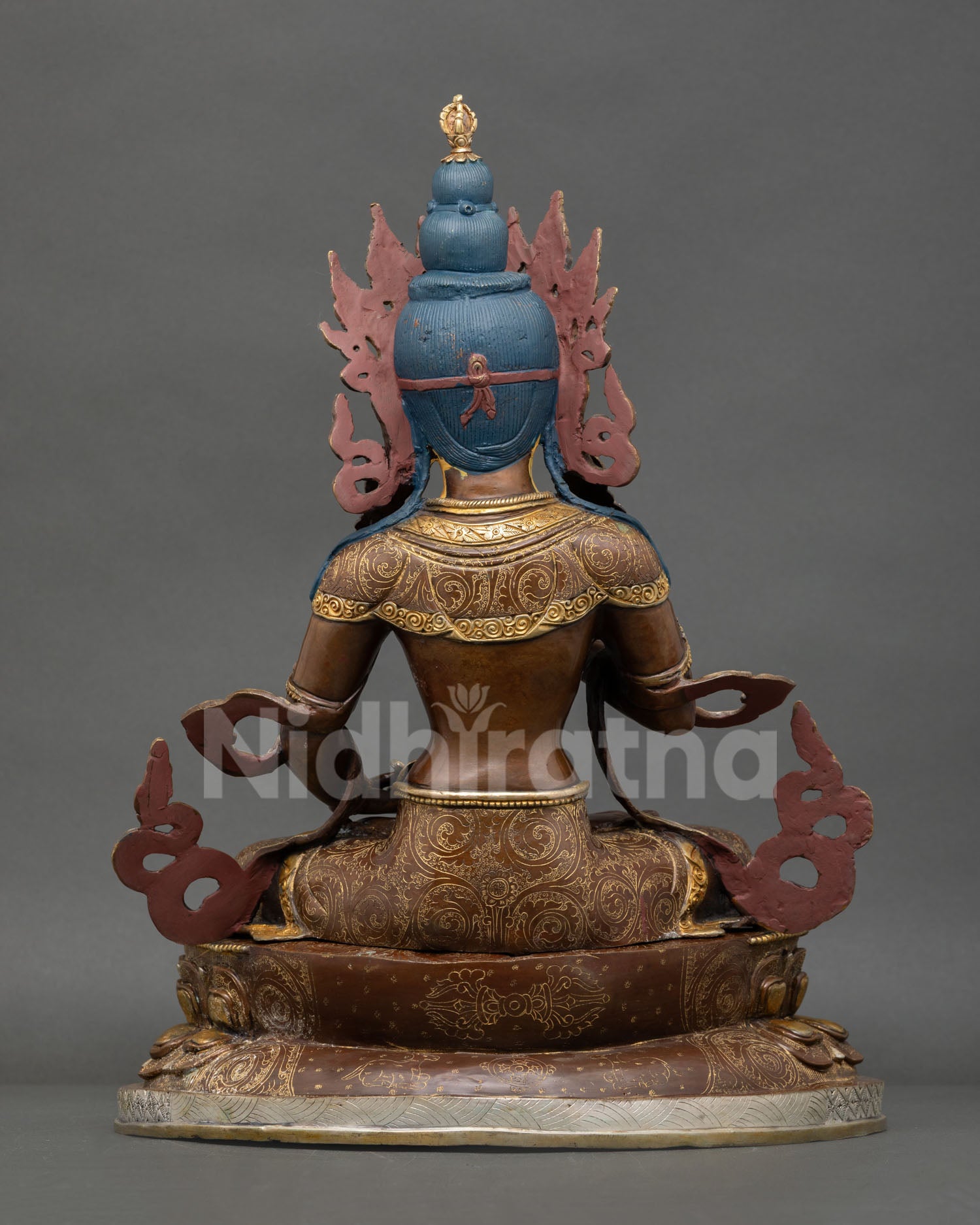 Back view Vajrasattva statue oxidized copper lotus base hand crafted Himalayan Buddhist art