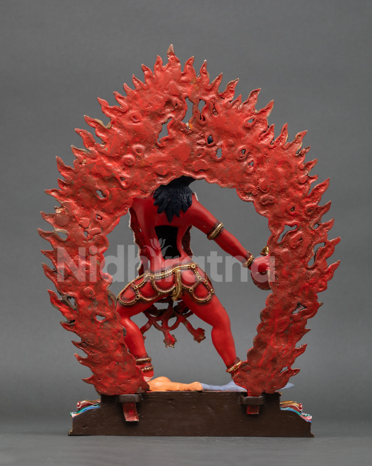 back view Vajrayogini statue copper body intricate detailing flame halo sacred Nepal artwork