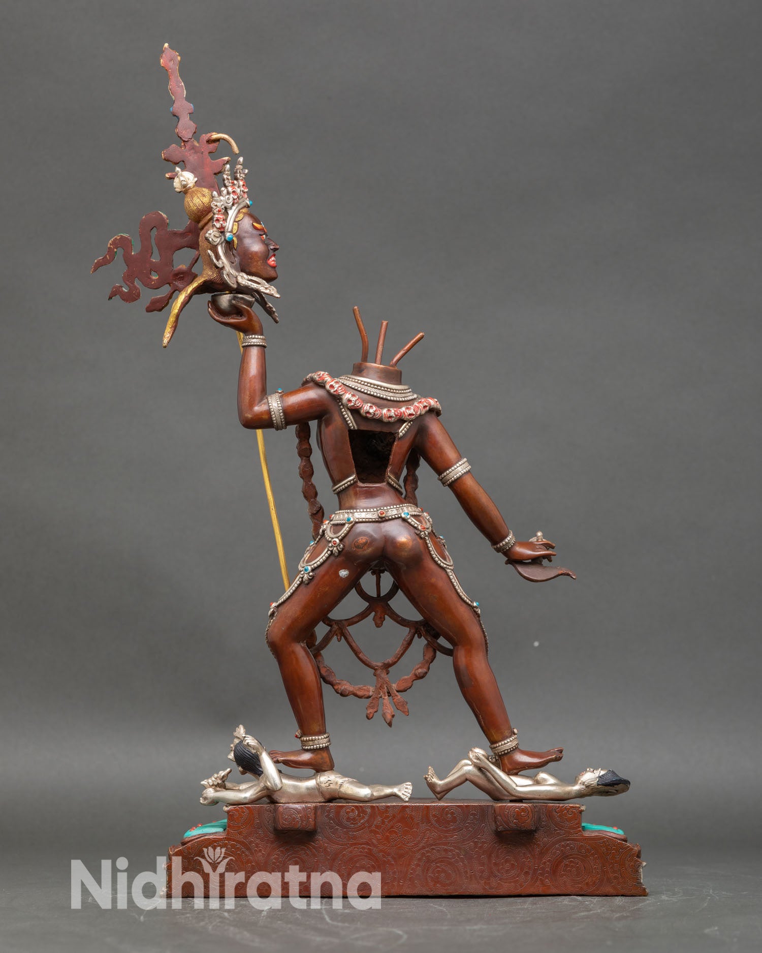 Back view of Vajrayogini Ucheyema statue intricate carvings oxidized finish Himalayan Buddhist sculpture