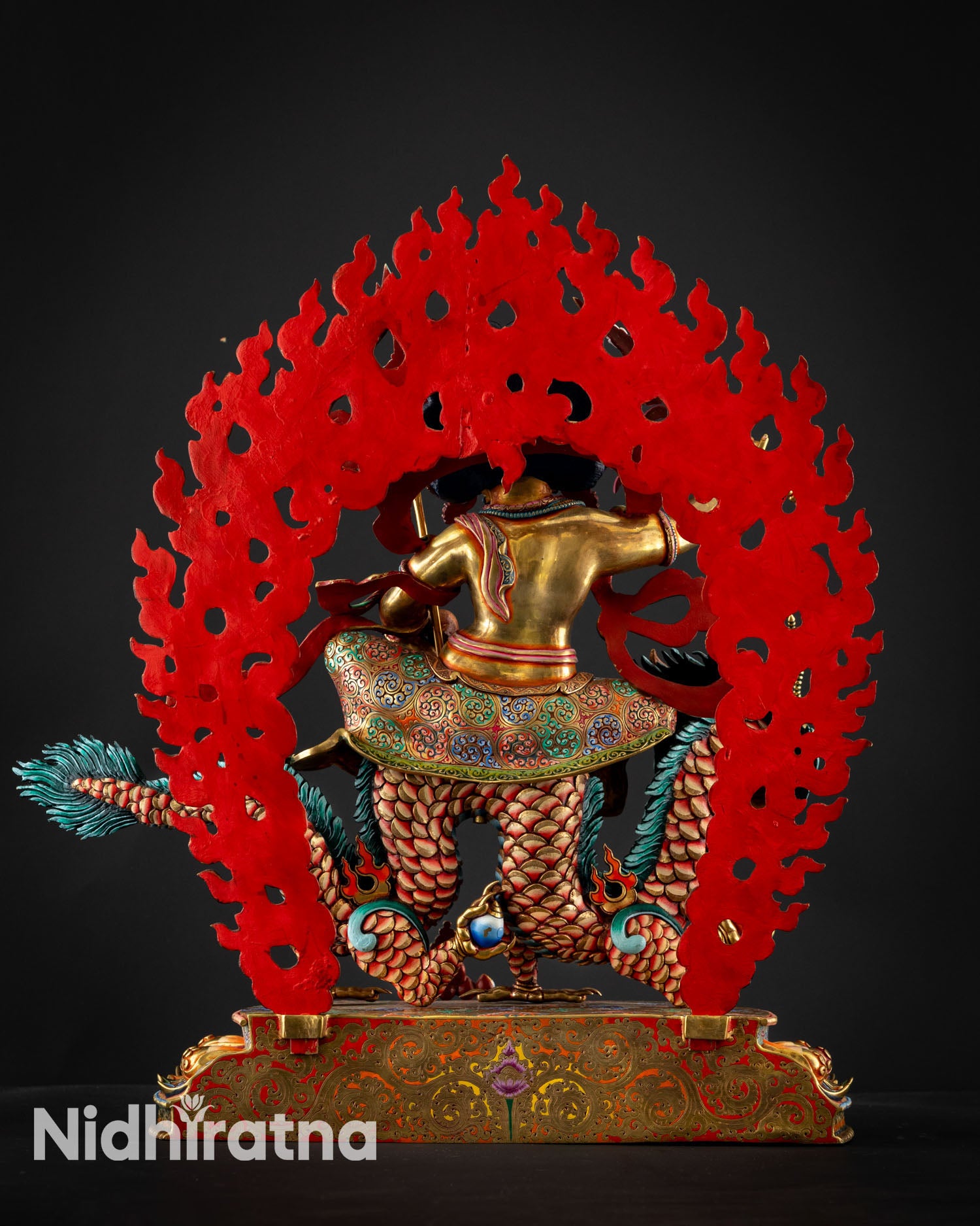 Back view of White Dzambhala statue copper sculpture intricate detailing hand painted wealth deity spiritual home decor