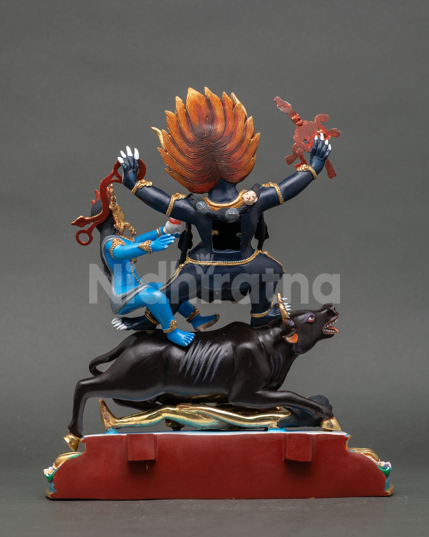 Back view of Yamantaka statue acrylic painted copper finish wrathful protector deity sculpture meditation altar sacred Buddhist decor
