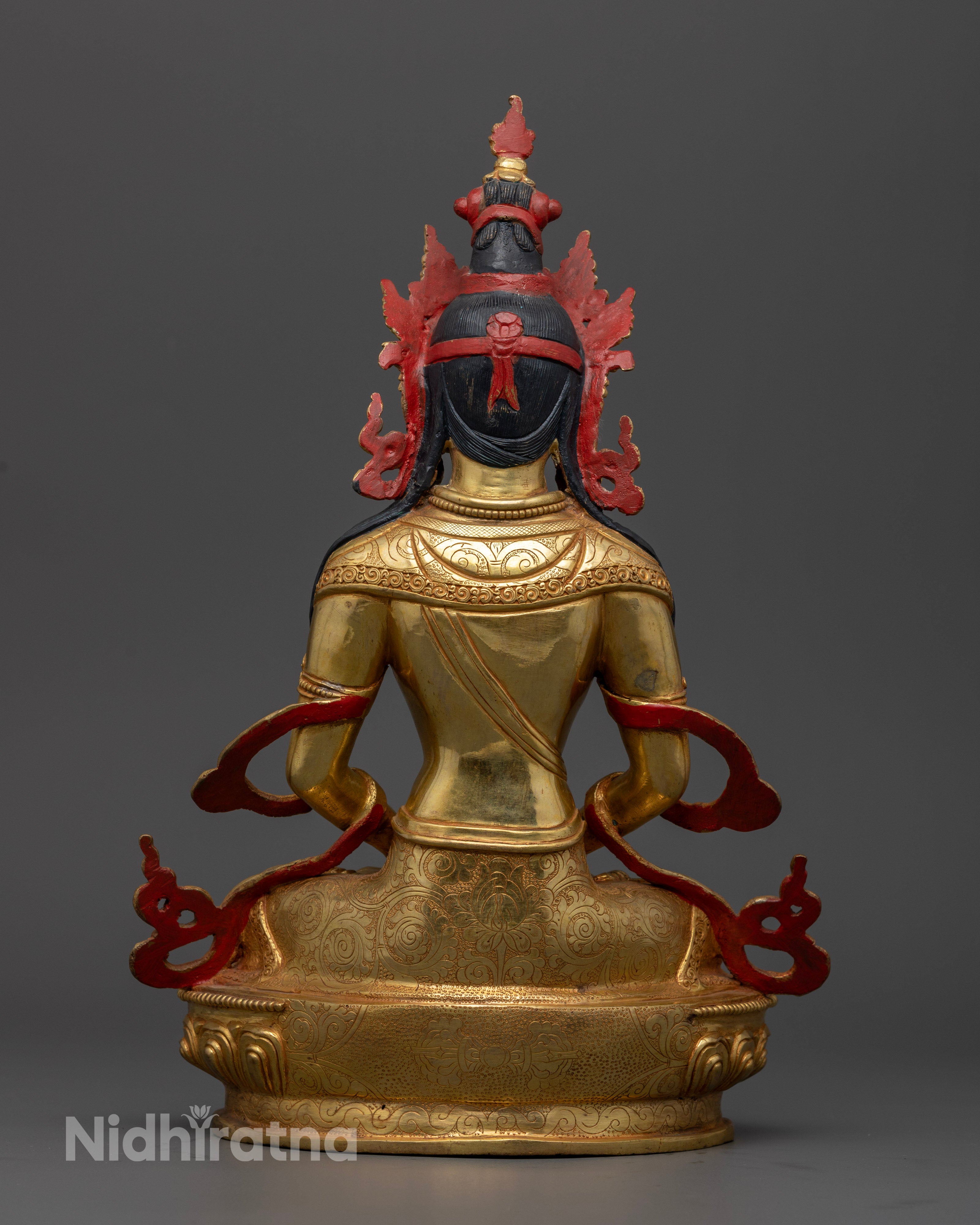 Back image of gold plated Amitayus Sculptor | Amitayus Statue for home decor | Peaceful Amitayus statue