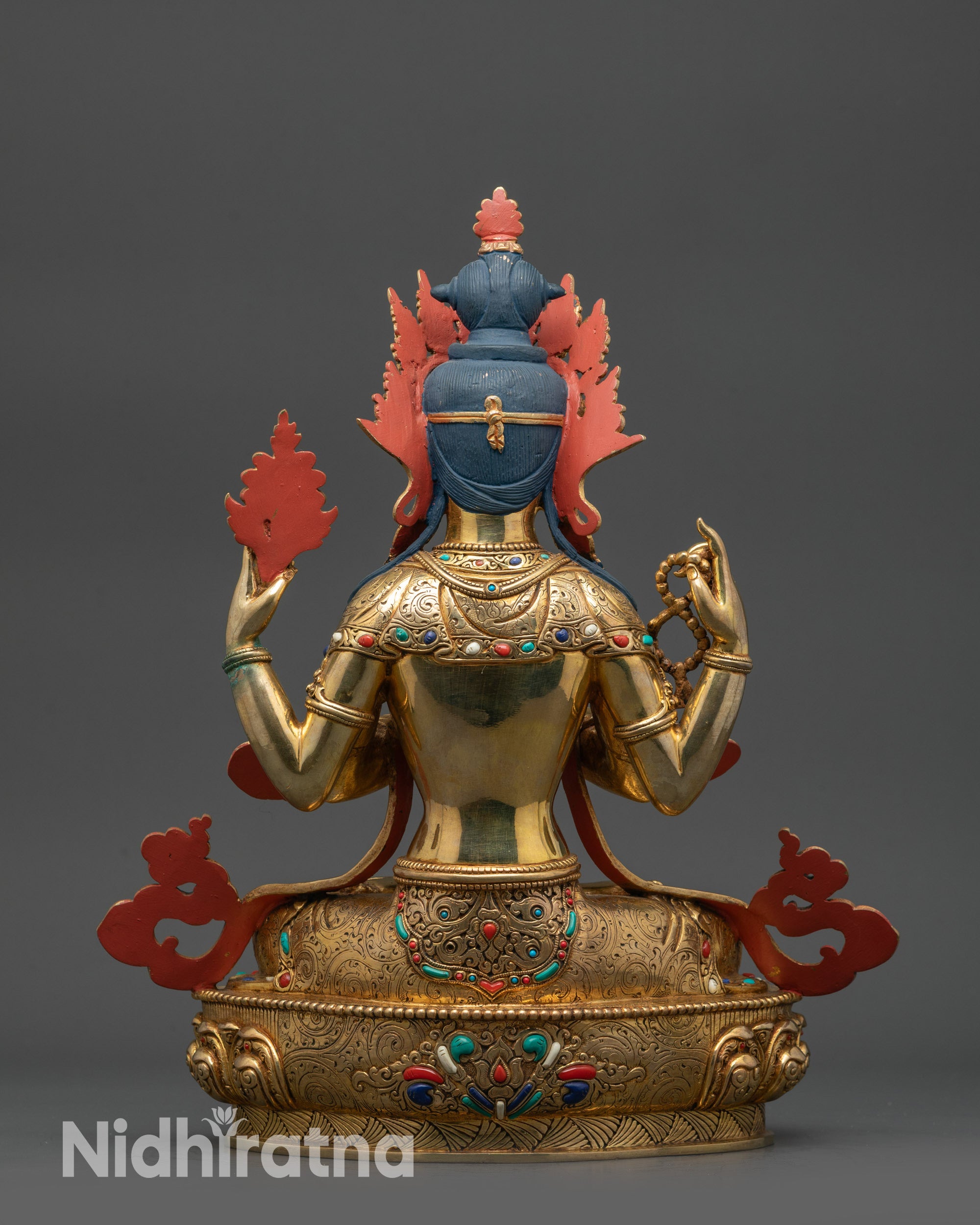 back view Chenrezig statue highlighting lotus pedestal, semi-precious stones, and gold base