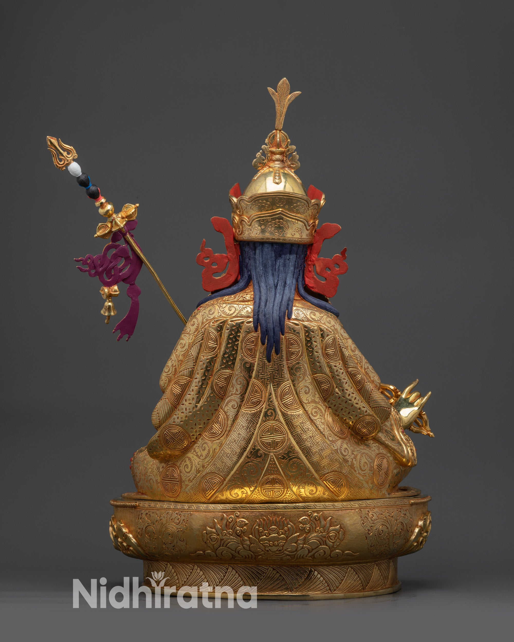 back view Guru Rinpoche Statue with garuda carving and lotus base handcrafted in Nepal