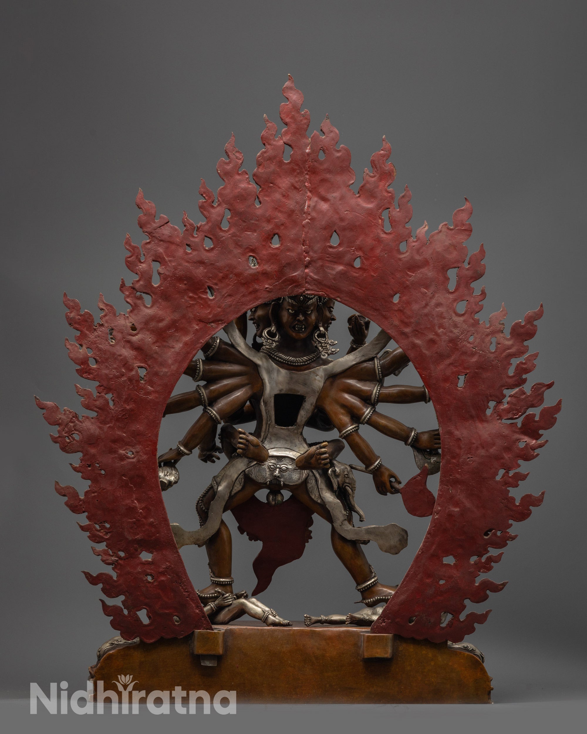 back view Kalachakra Tantra Statue with detailed halo and antique oxidized copper design