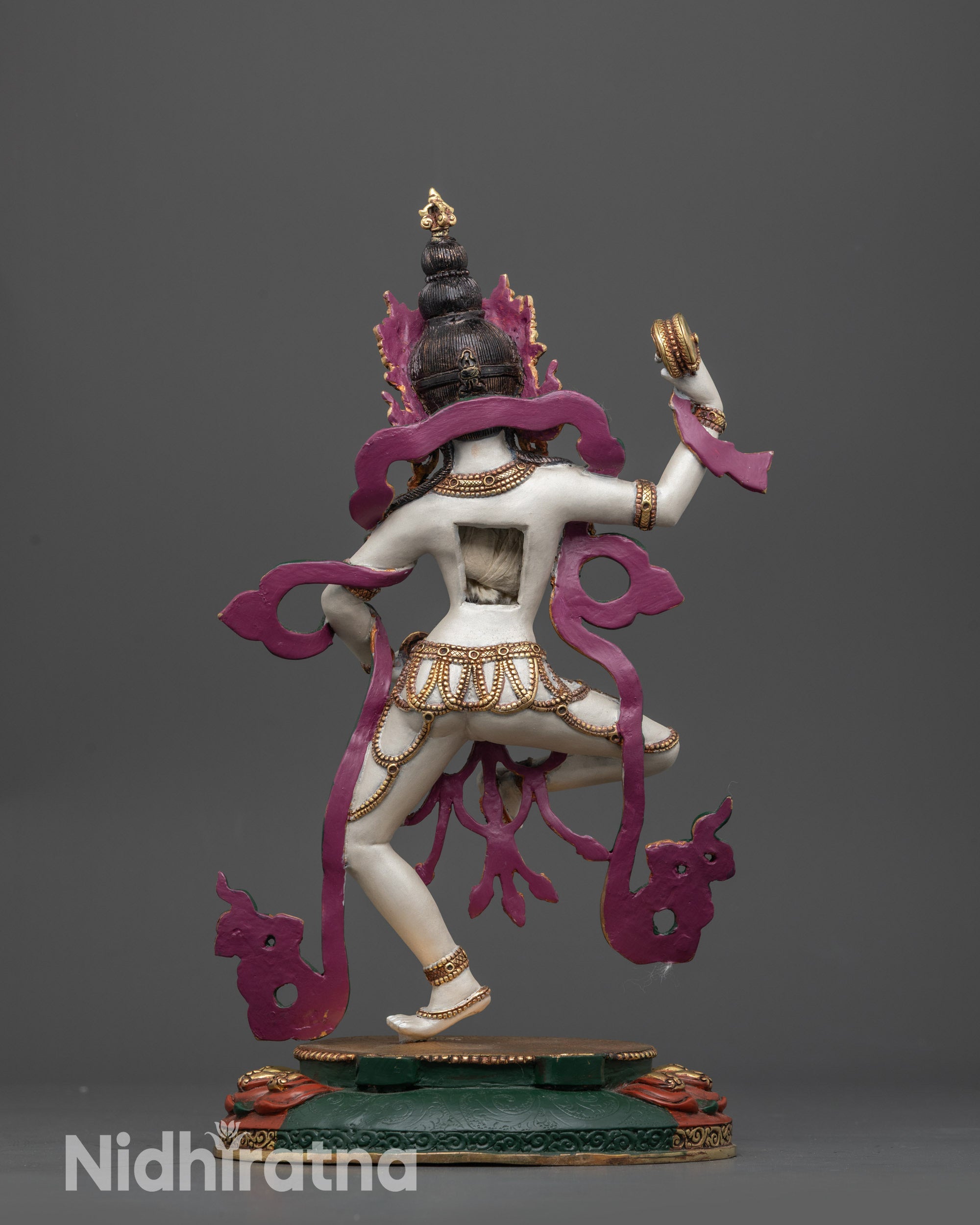 back view Machig Labdron Statue displaying semi-precious stone halo and ornaments