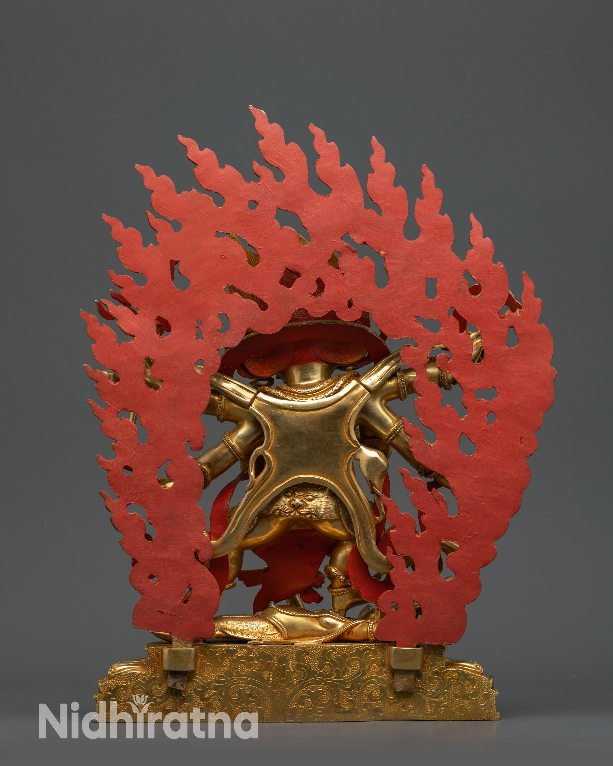 back view Mahakala Statue with flaming wisdom halo and intricate robe carvings