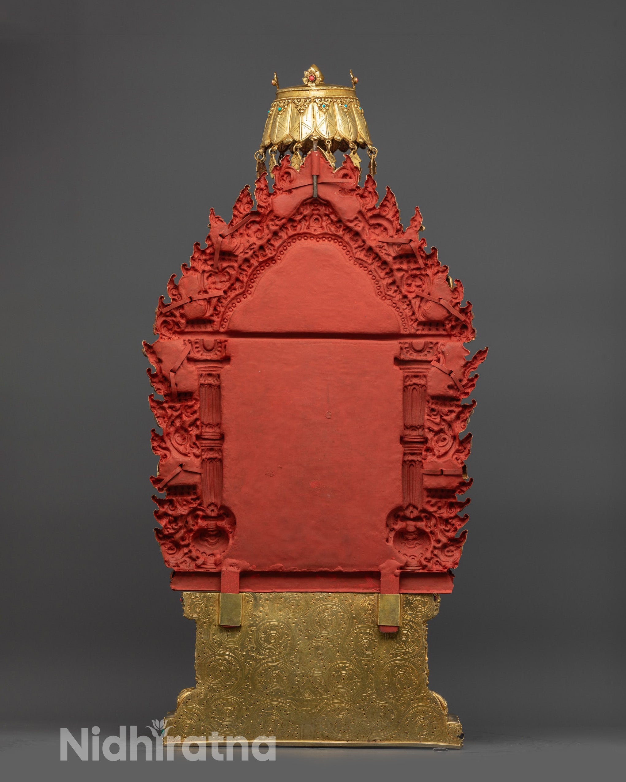 back view Maitreya Buddha Statue with carved halo parasol and semi-precious stones