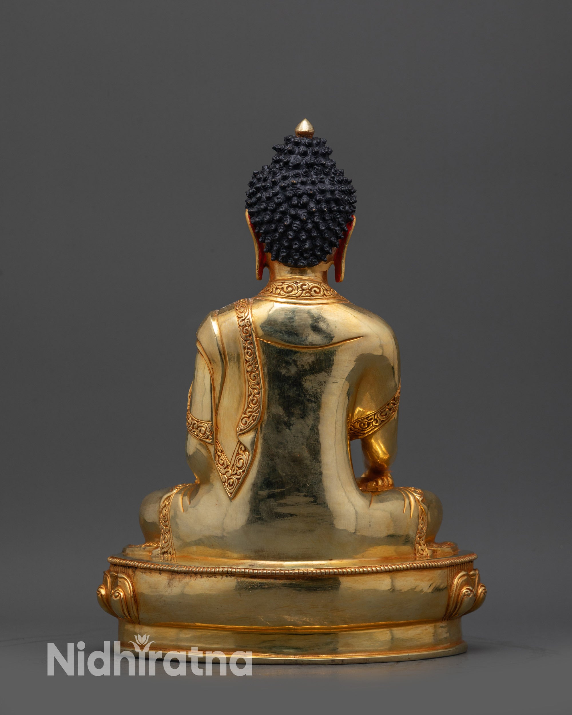 back view Nepalese handcrafted Shakyamuni Buddha Statue with intricate robe carvings