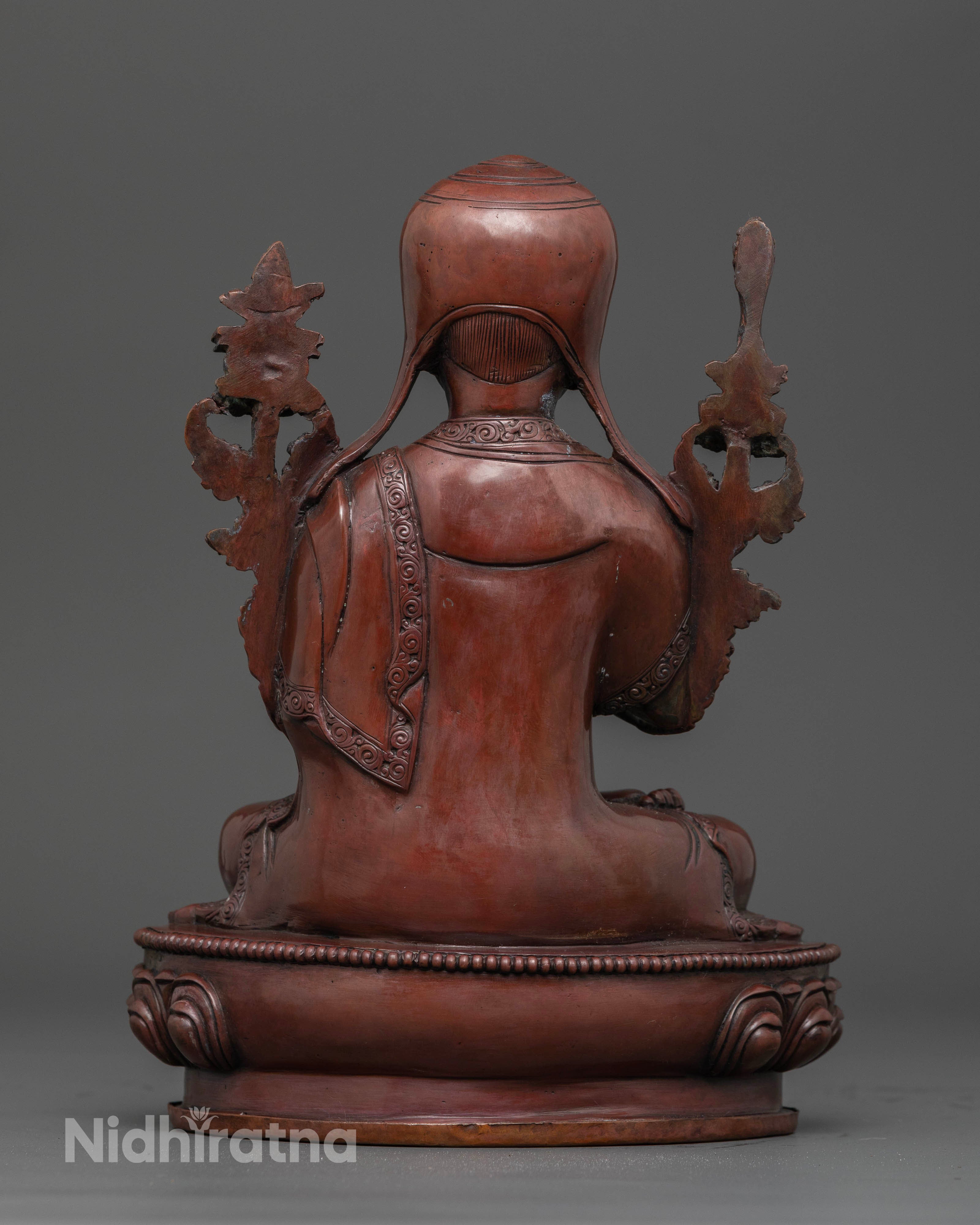 back view Oxidized Tsongkhapa statue fully oxidized finish showcasing fine hand-carved artistry