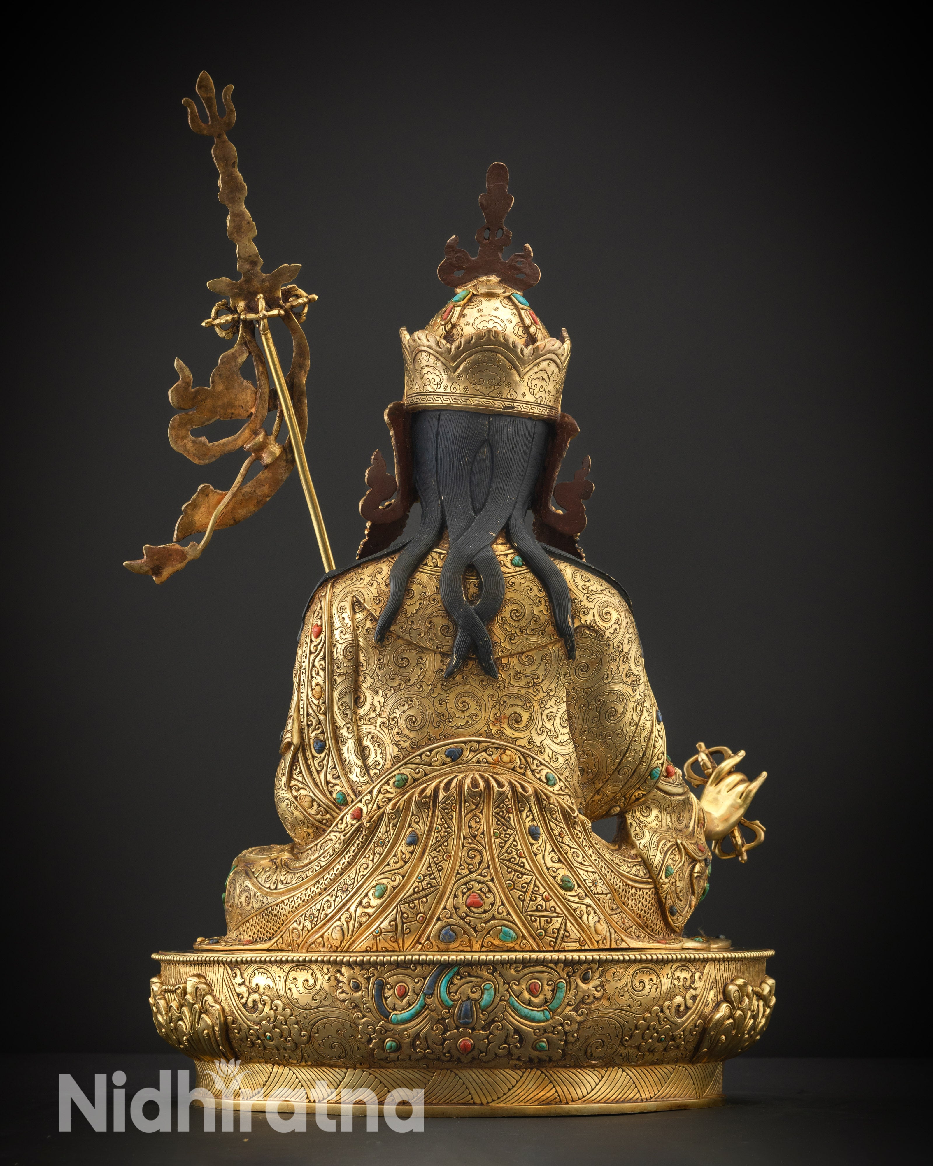 back view Padmasambhava statue detailed robe motifs and copper base handmade in Nepal