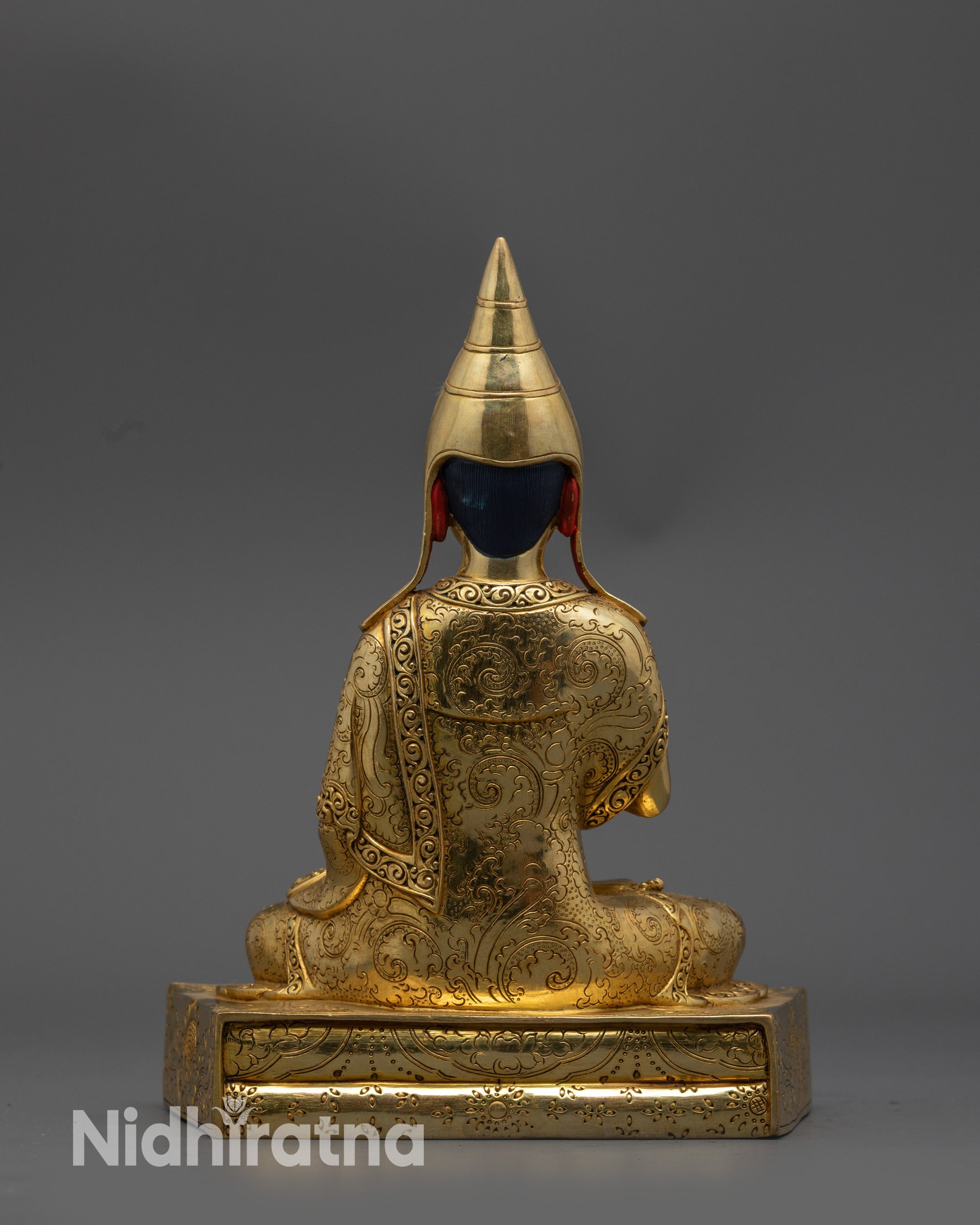 back view Santaraksita statue on gold fire-gilded copper alloy base handcrafted in Nepal