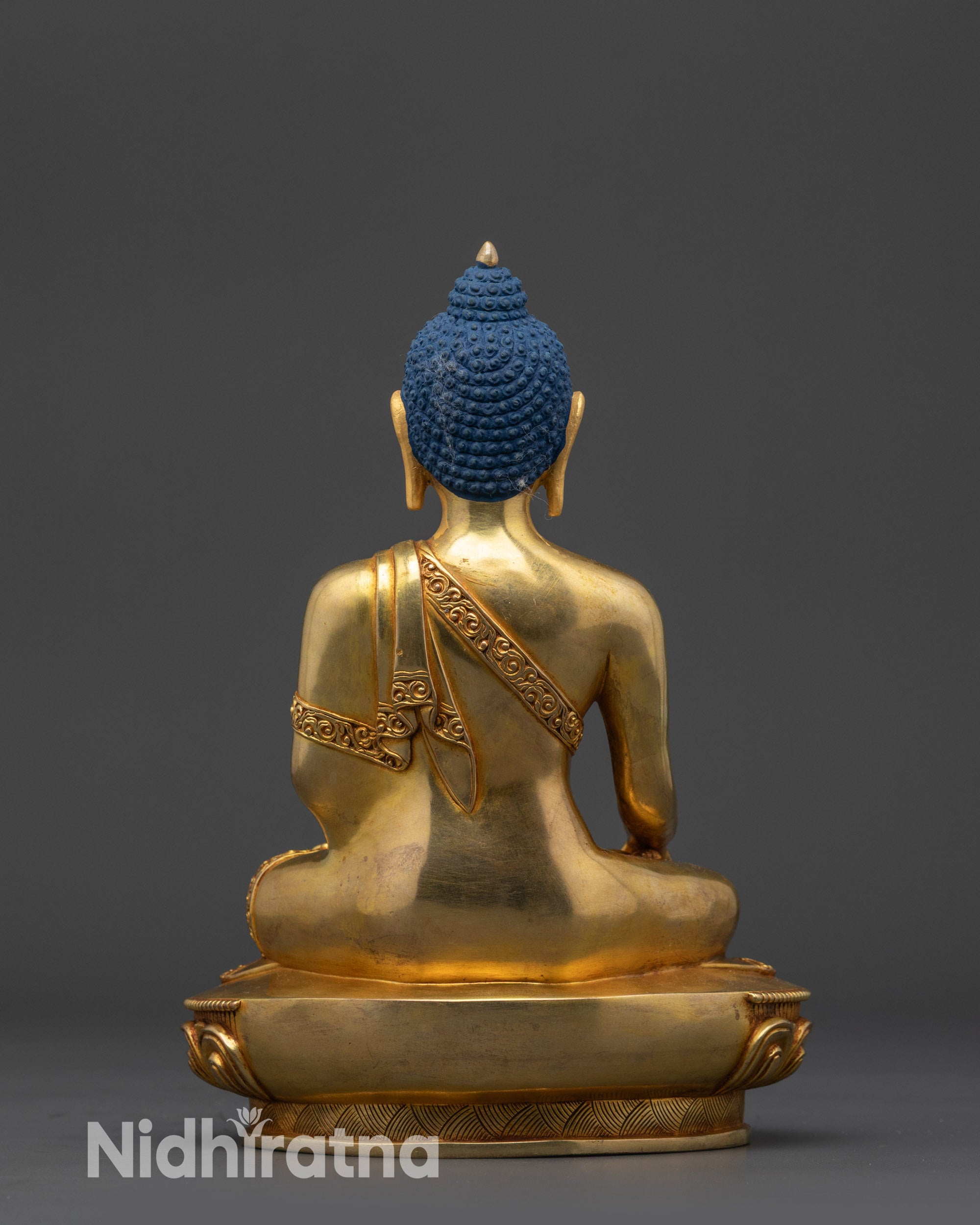 back view Shaka Nyorai Buddha showing intricate robe designs and lotus seat details