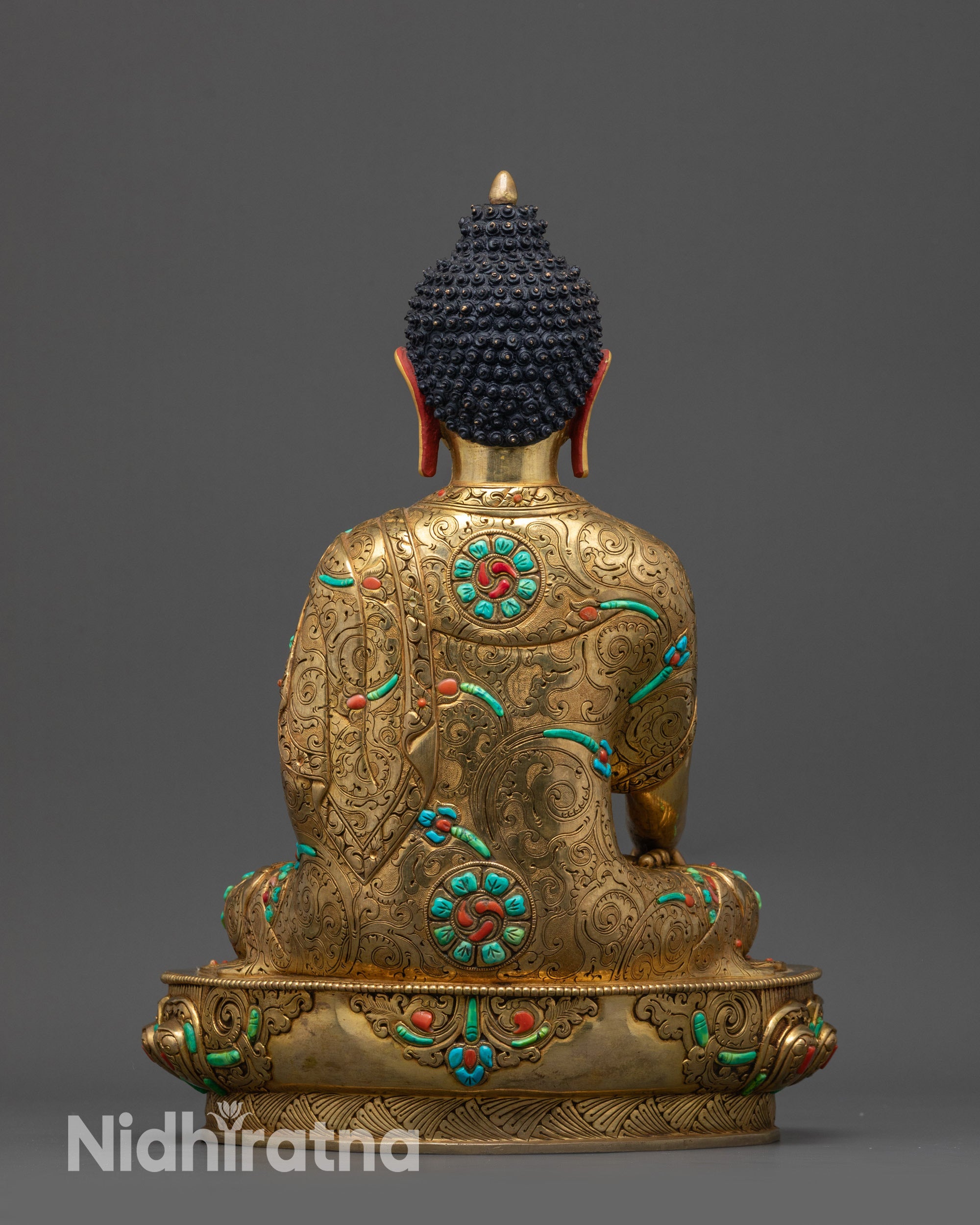 back view Tibetan Shakyamuni Buddha Statue with detailed robe patterns and textures