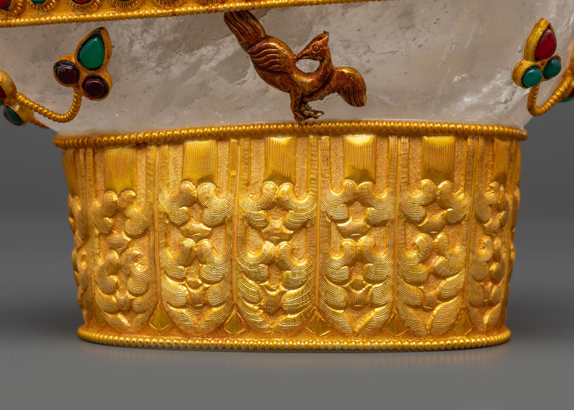 back view Tibetan ritual Kapala with gold finish and ornate crystal detailing
