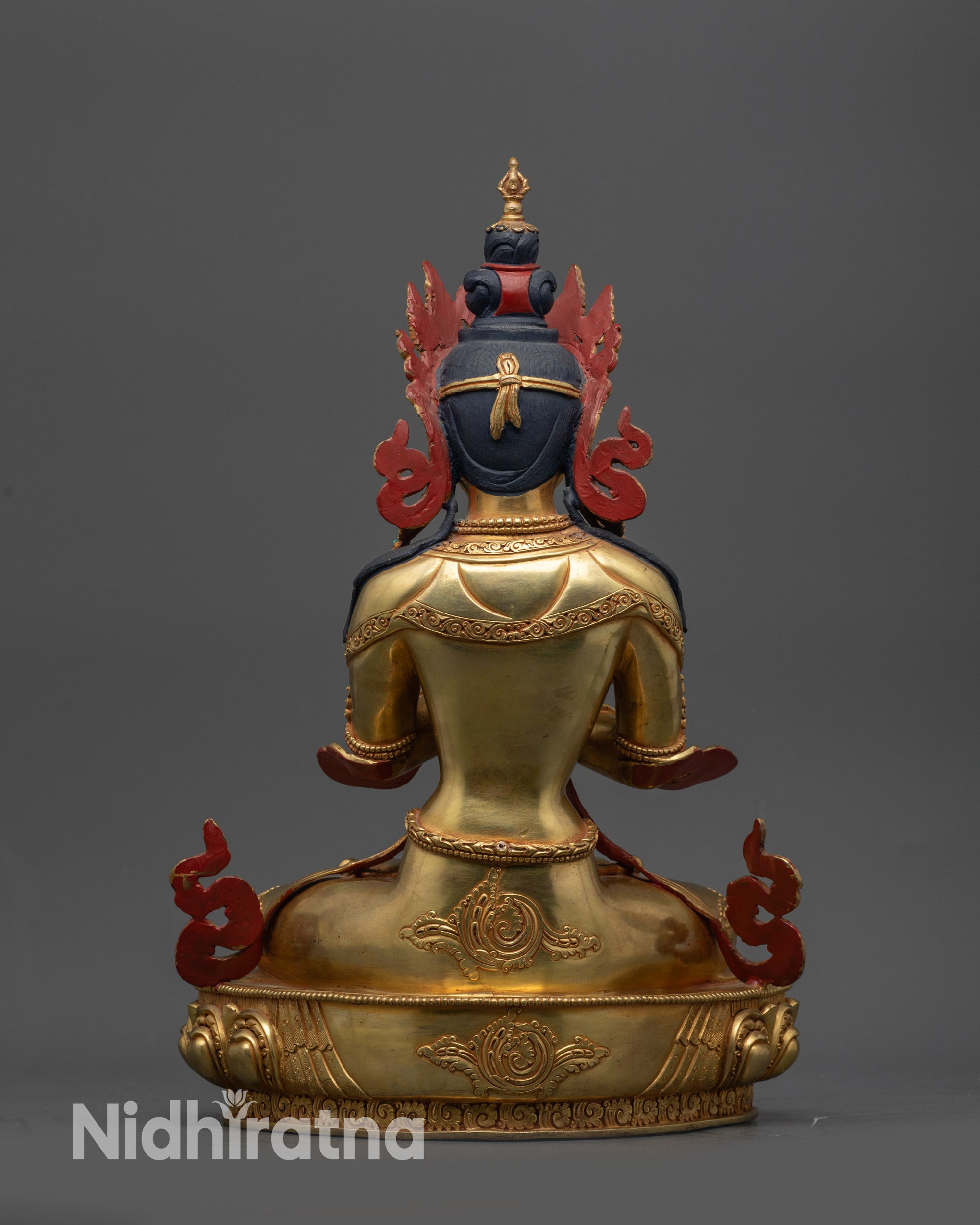back view Vajradhara Buddha statue with intricately carved floral motif patterns