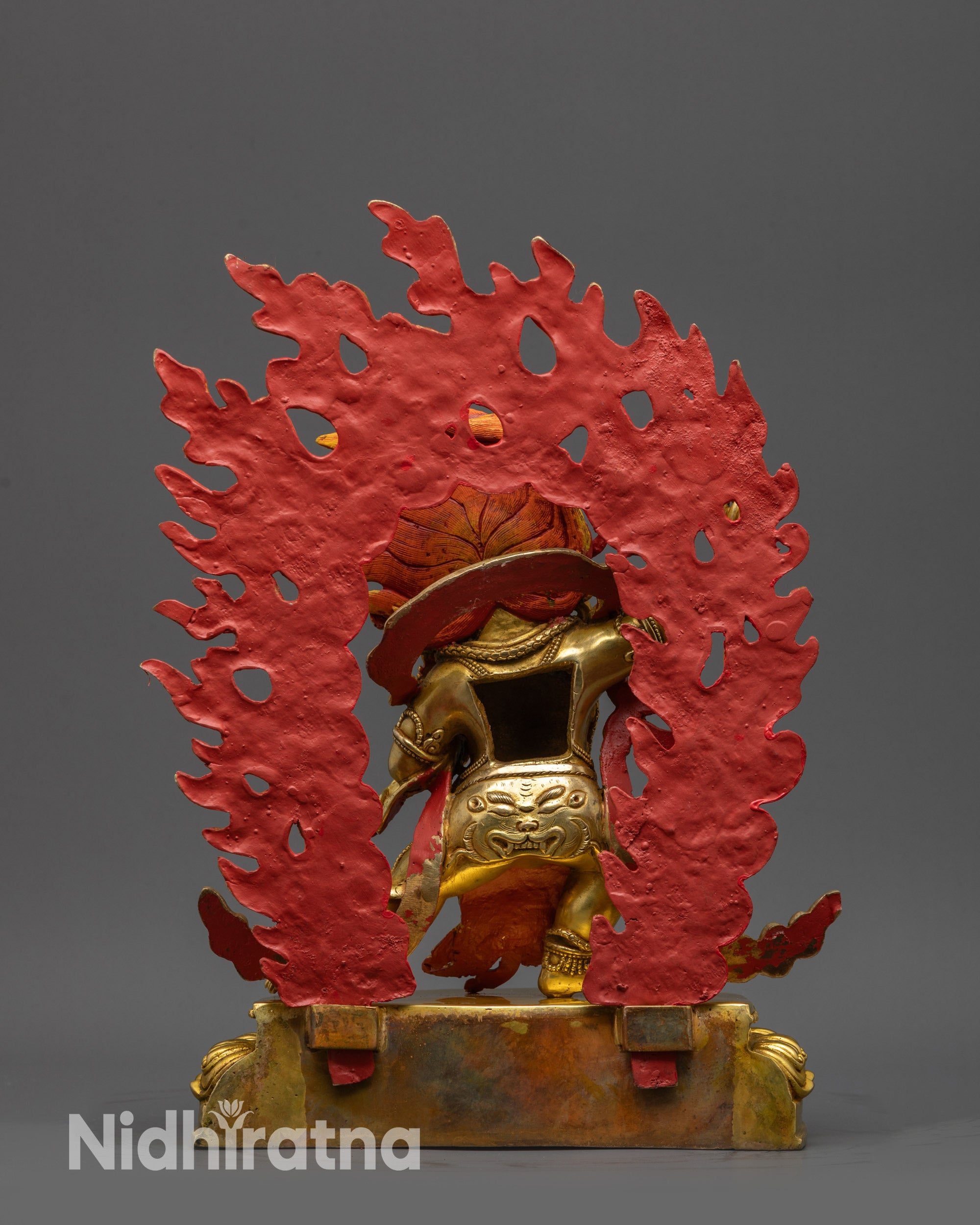 back view Vajrapani statue with blazing halo and gold fire-gilded copper alloy base detailed