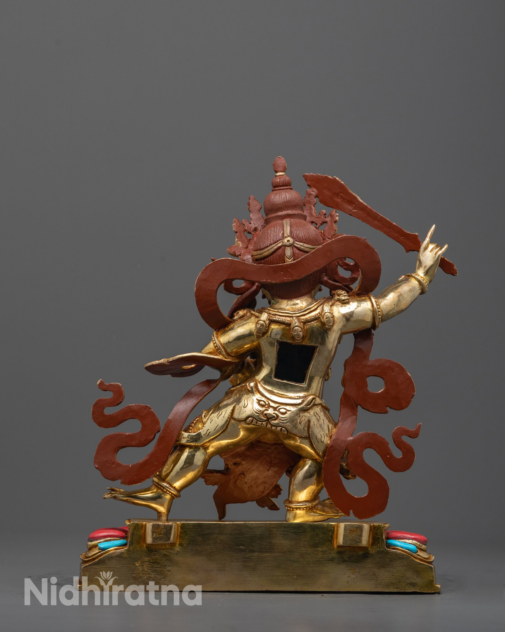 back view of manjushri statue featuring mantra halo with sacred filling space and fine carvings