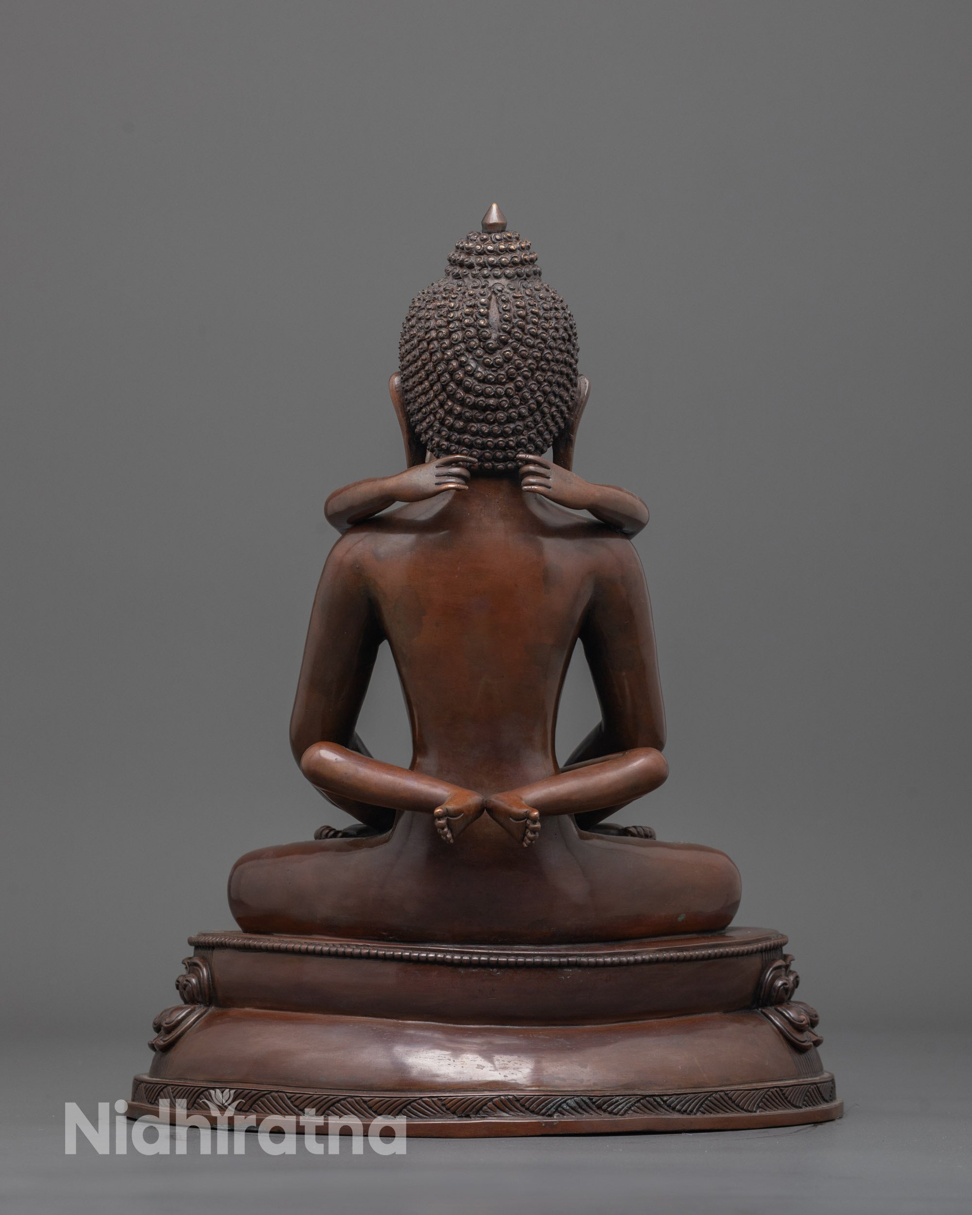 back view of samantabhadra with consort statue highlighting copper finish and smooth craftsmanship