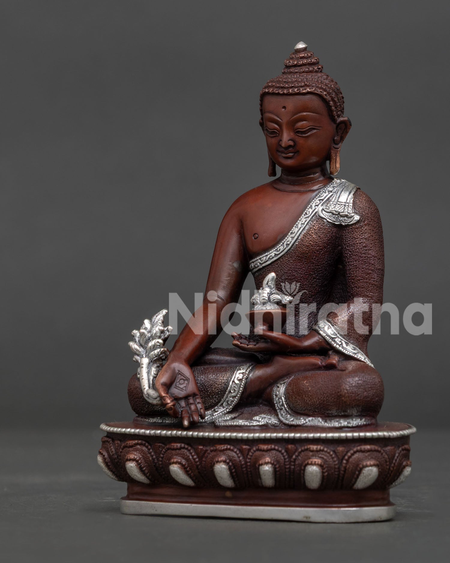 Bhaisajyaguru Medicine Buddha holding medicine bowl and myrobalan plant detail.