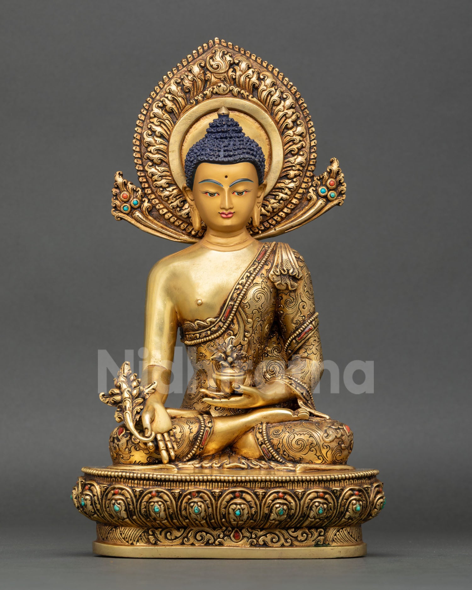 bhaisajyaguru medicine buddha statue front view with 24k gold fire gilding