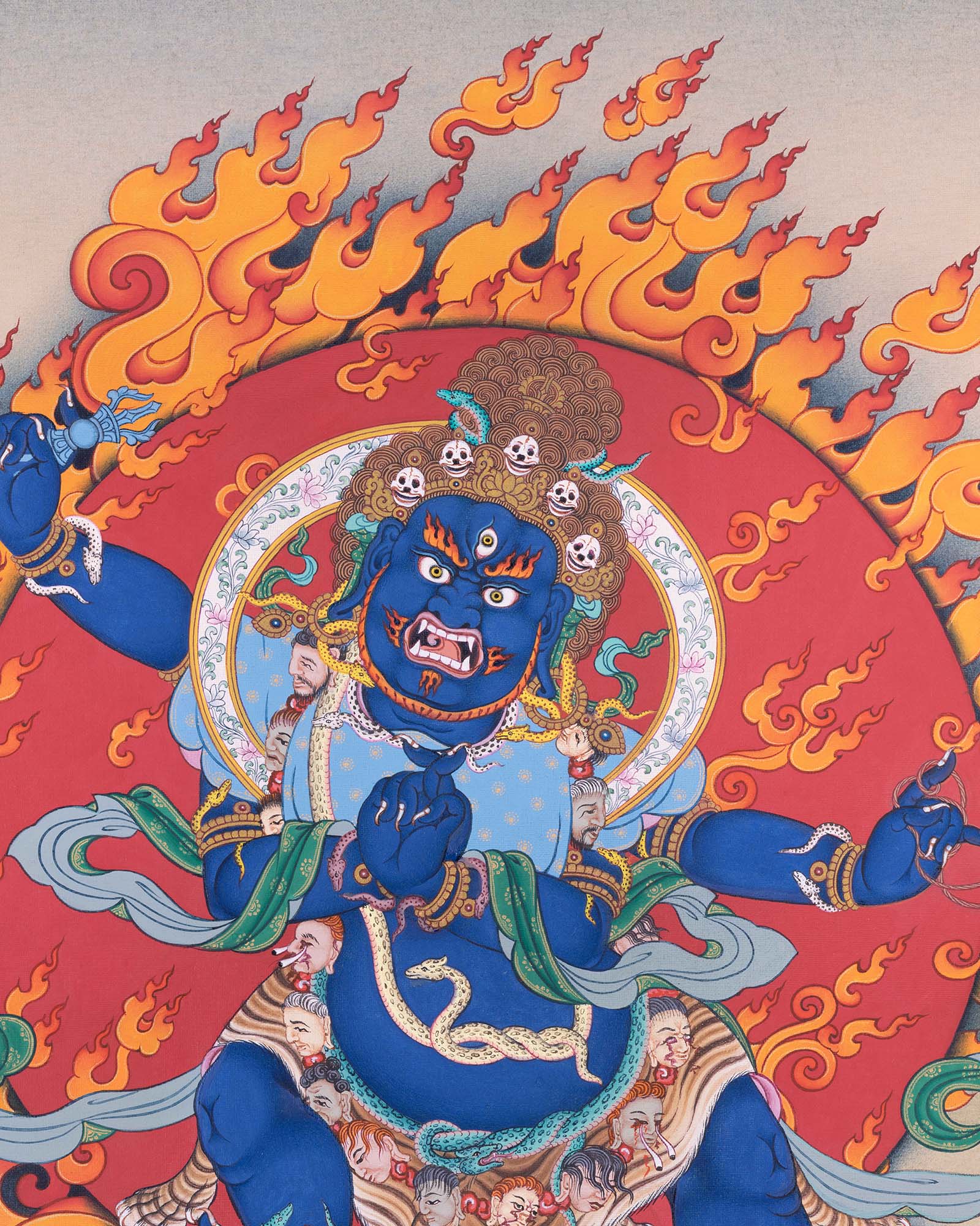 Bhutadamara Vajrapani thangka print detail - wrathful head and fire halo
