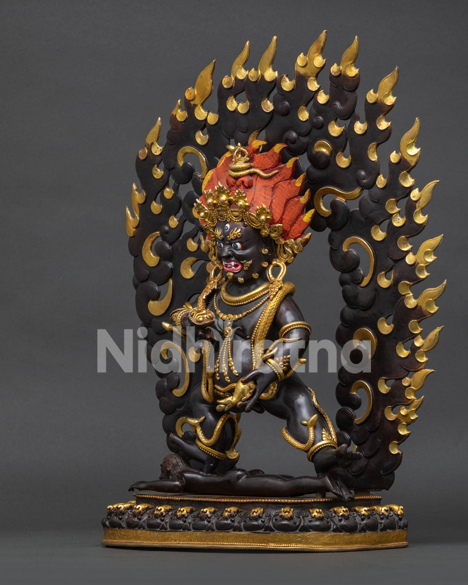 Black Dzambhala Statue Left Side View Gold Gilded Buddhist Sculpture