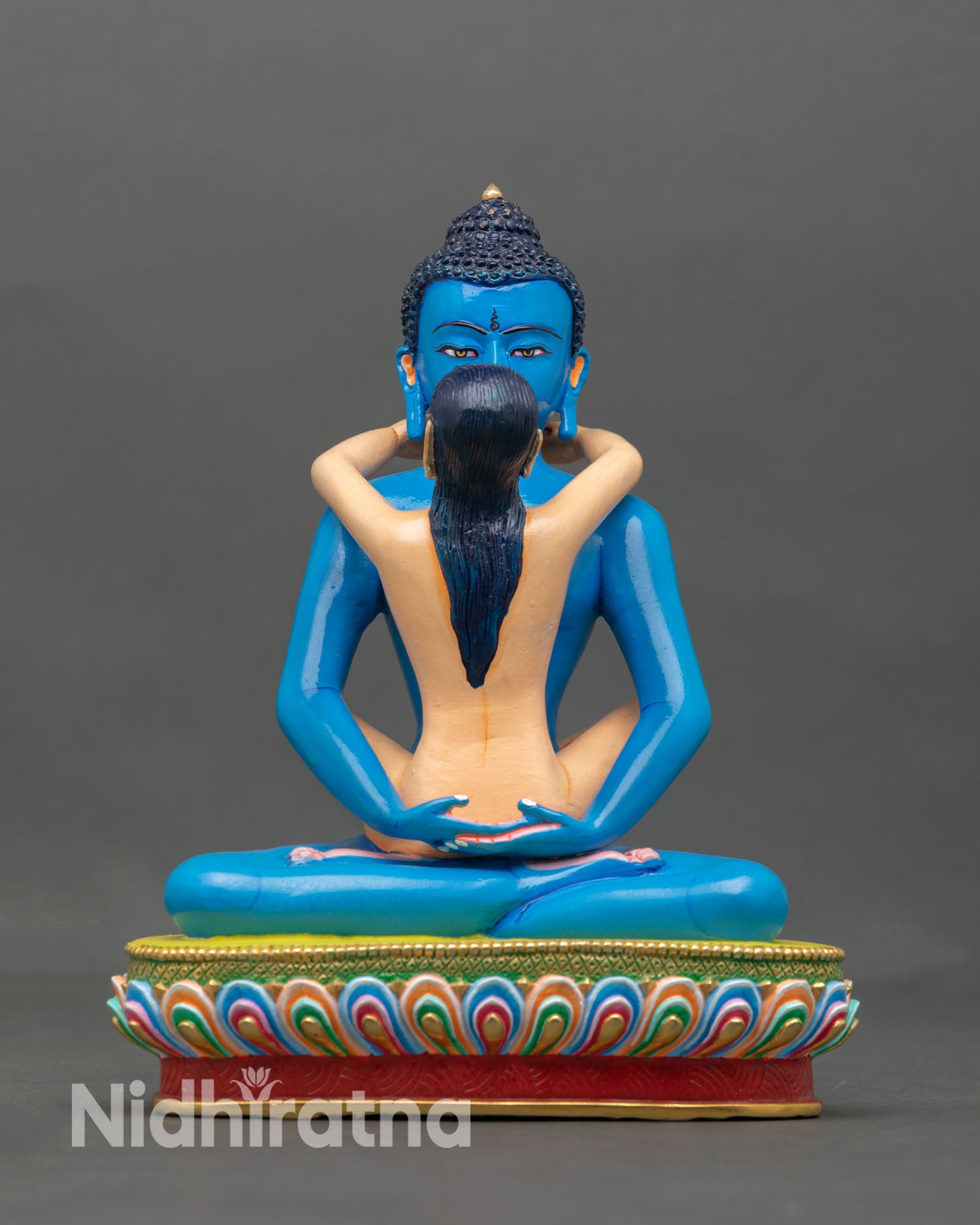 blue samantabhadra yab-yum statue front view with lotus seat and acrylic finish