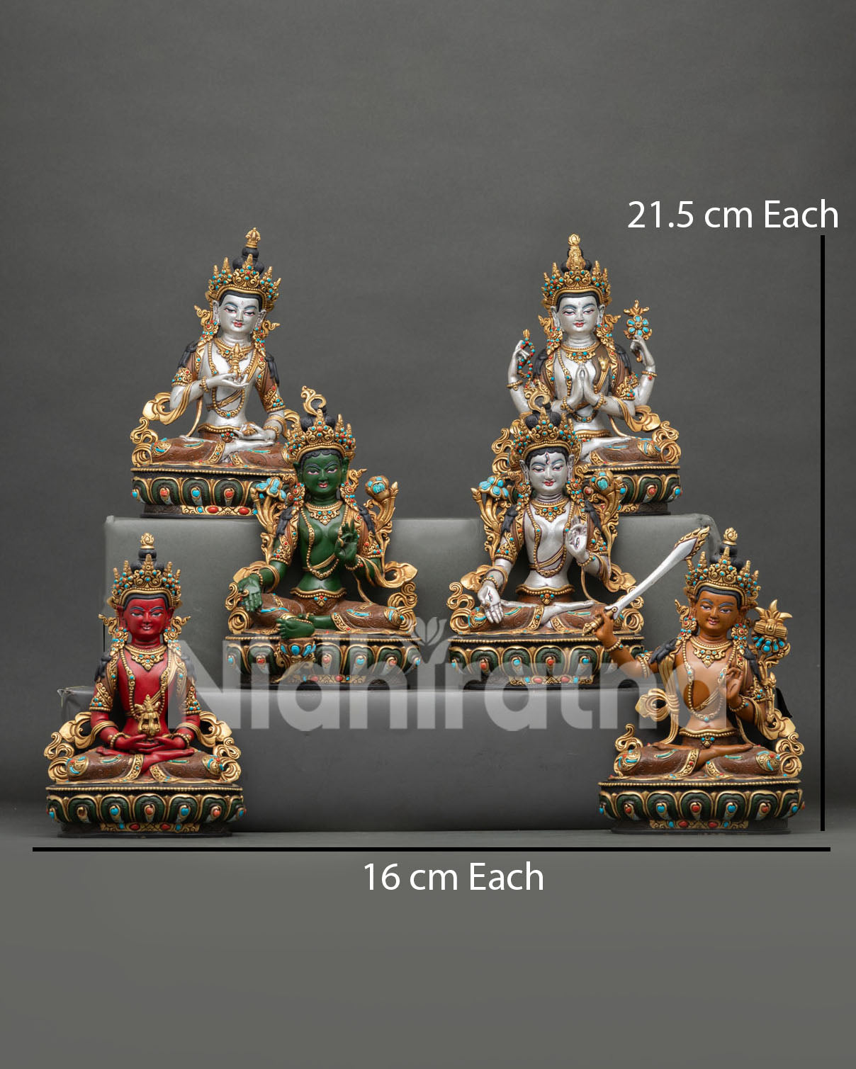 Bodhisattva set statue, handmade in Nepal with gold gilded ornaments and acrylic colors.