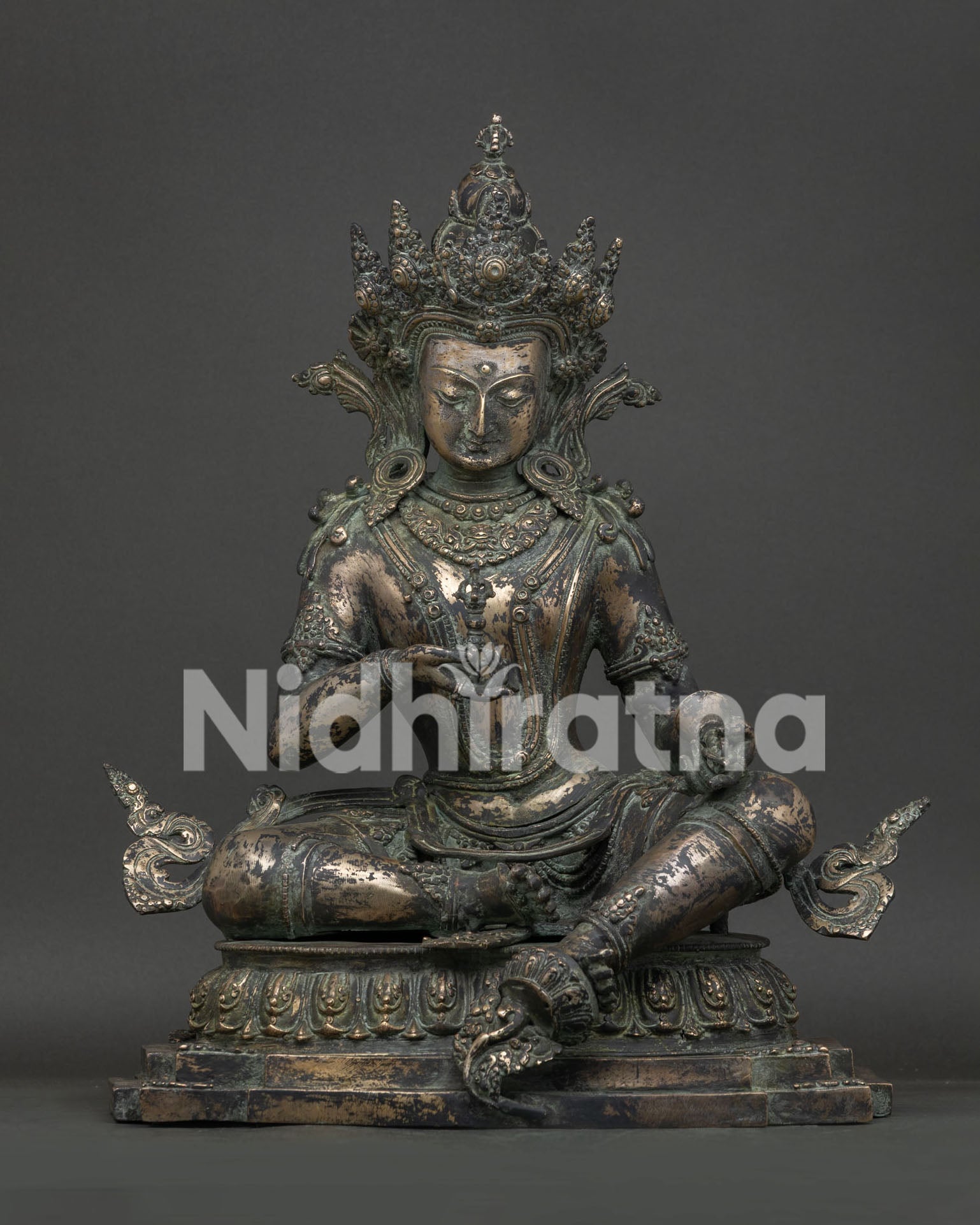 Bronze Vajrasattva statue front view, handcrafted Nepali Dorje Sempa with antique finish