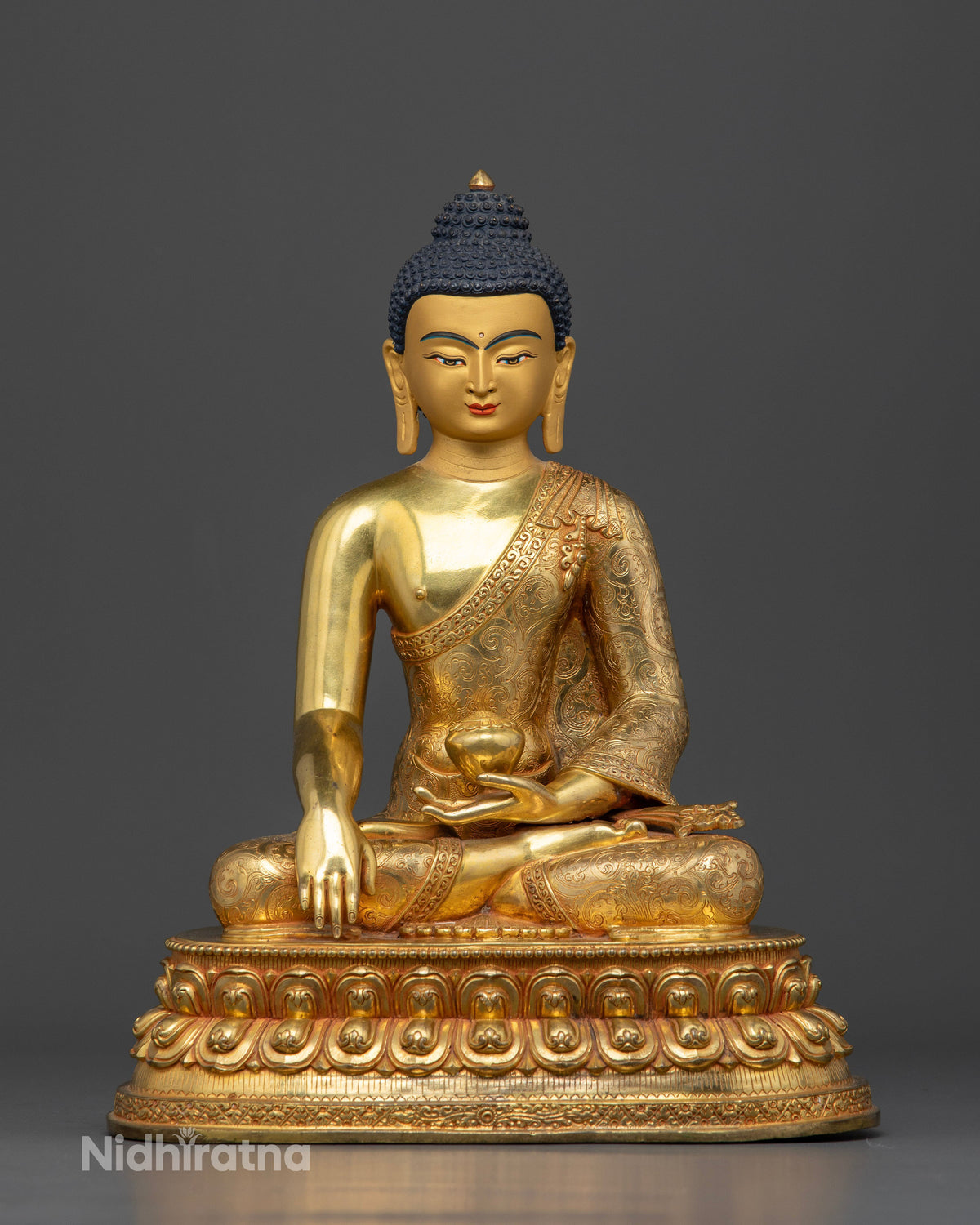 Buddha Shakyamuni statue, handcrafted by Newari artisans from Patan, Nepal with 24K gold fire gilding